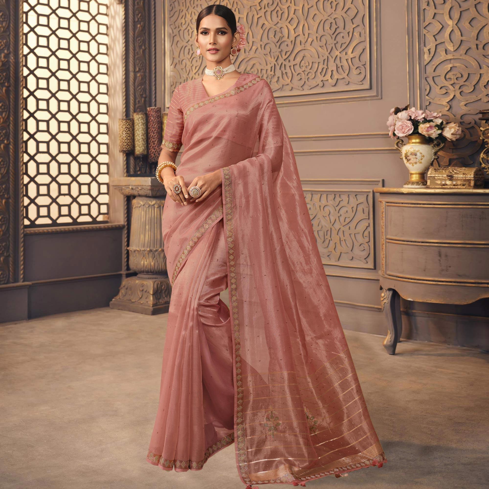 Pink Sequence Embroidered Organza Saree - Peachmode