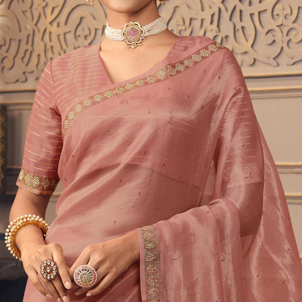 Pink Sequence Embroidered Organza Saree - Peachmode