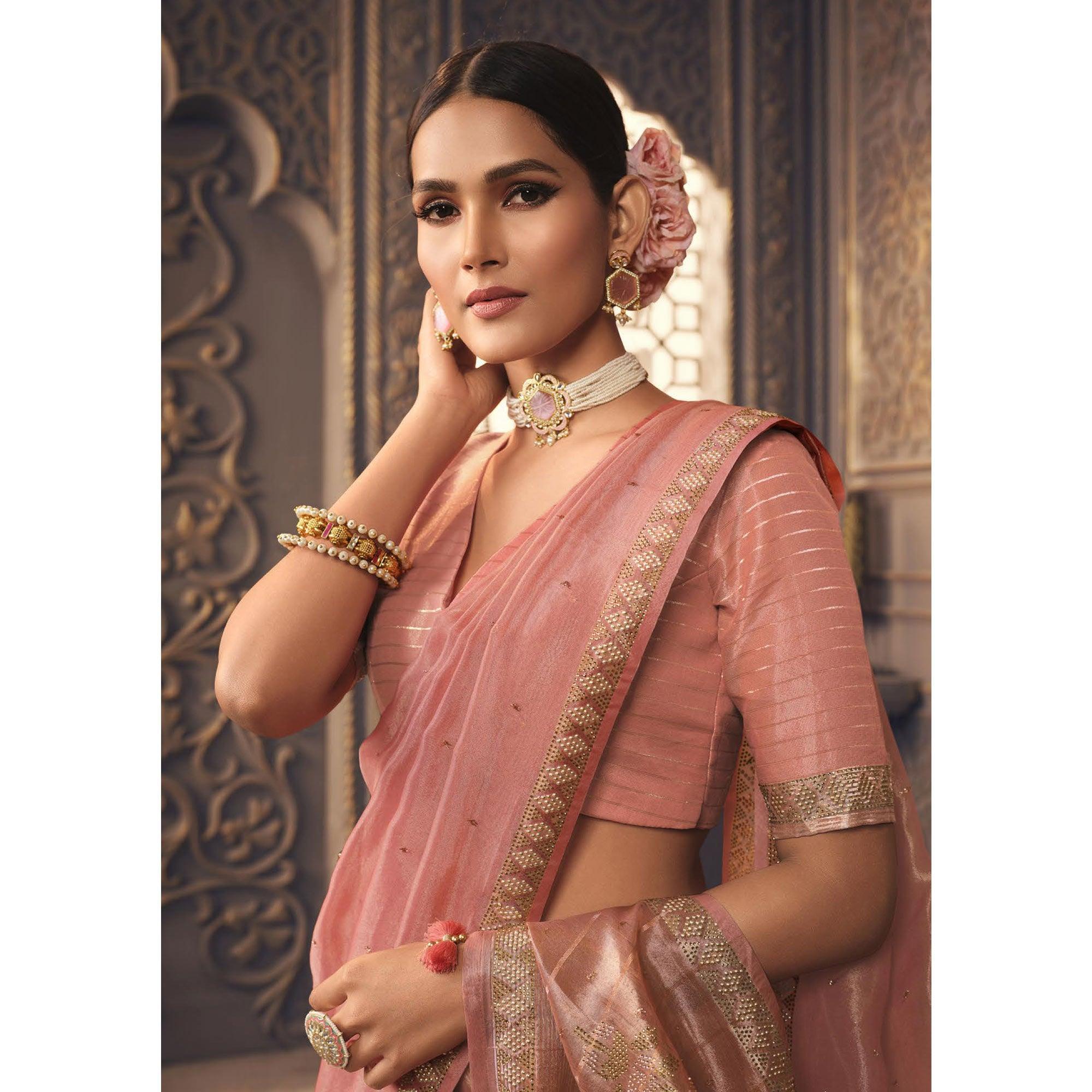 Pink Sequence Embroidered Organza Saree - Peachmode