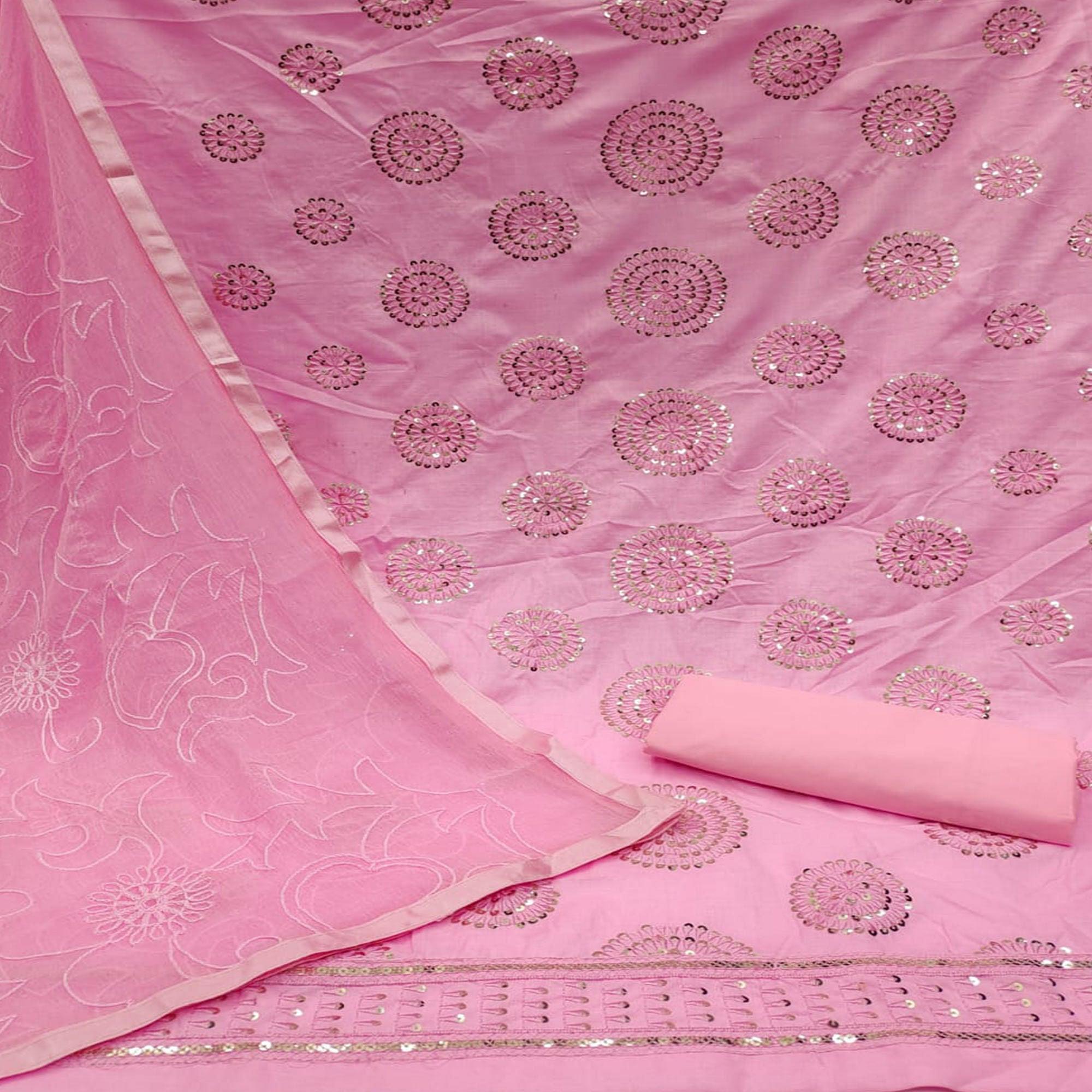 Pink Sequence Embroidered Pure Cotton Dress Material - Peachmode