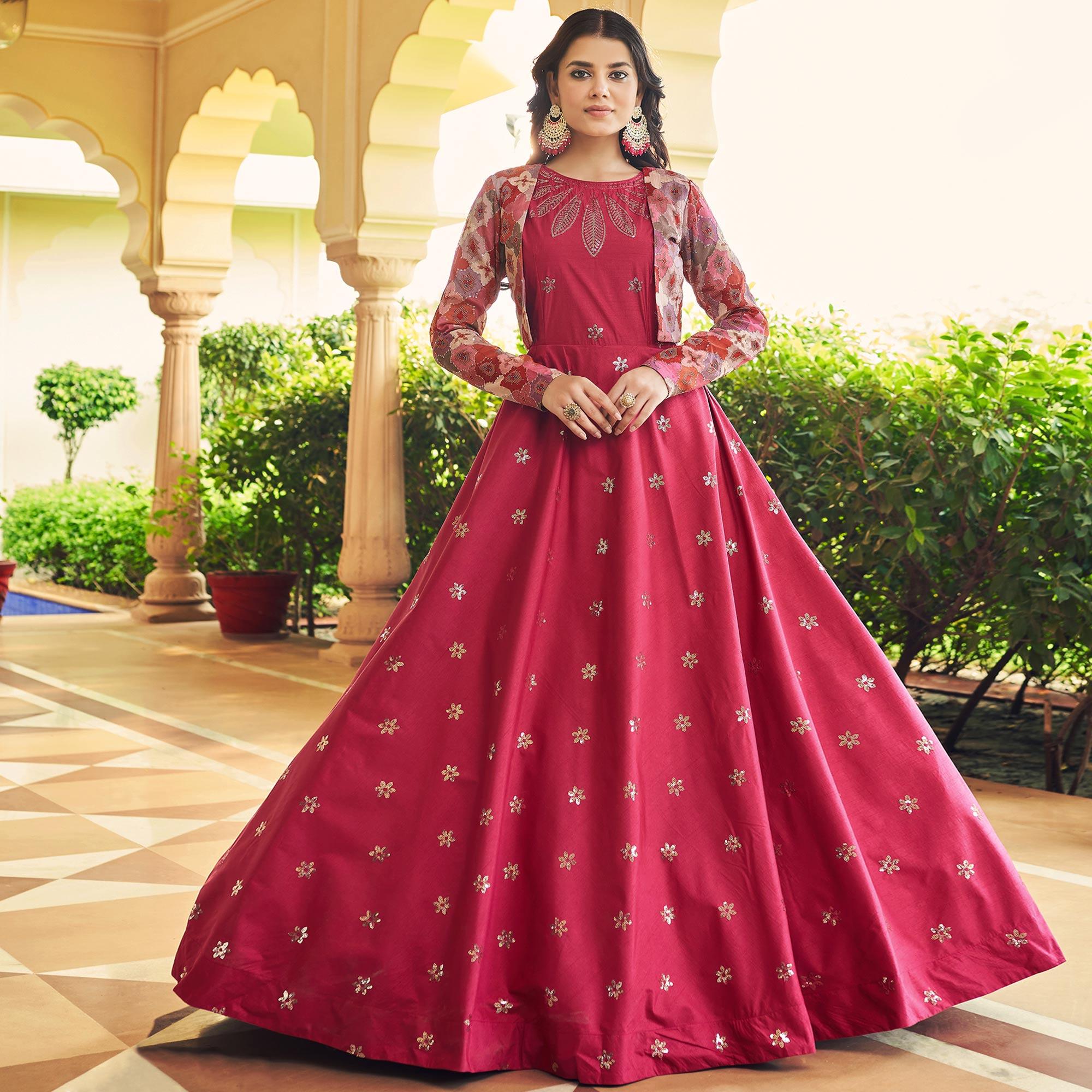 Pink Sequence Embroidered Pure Cotton Gown With Koti - Peachmode