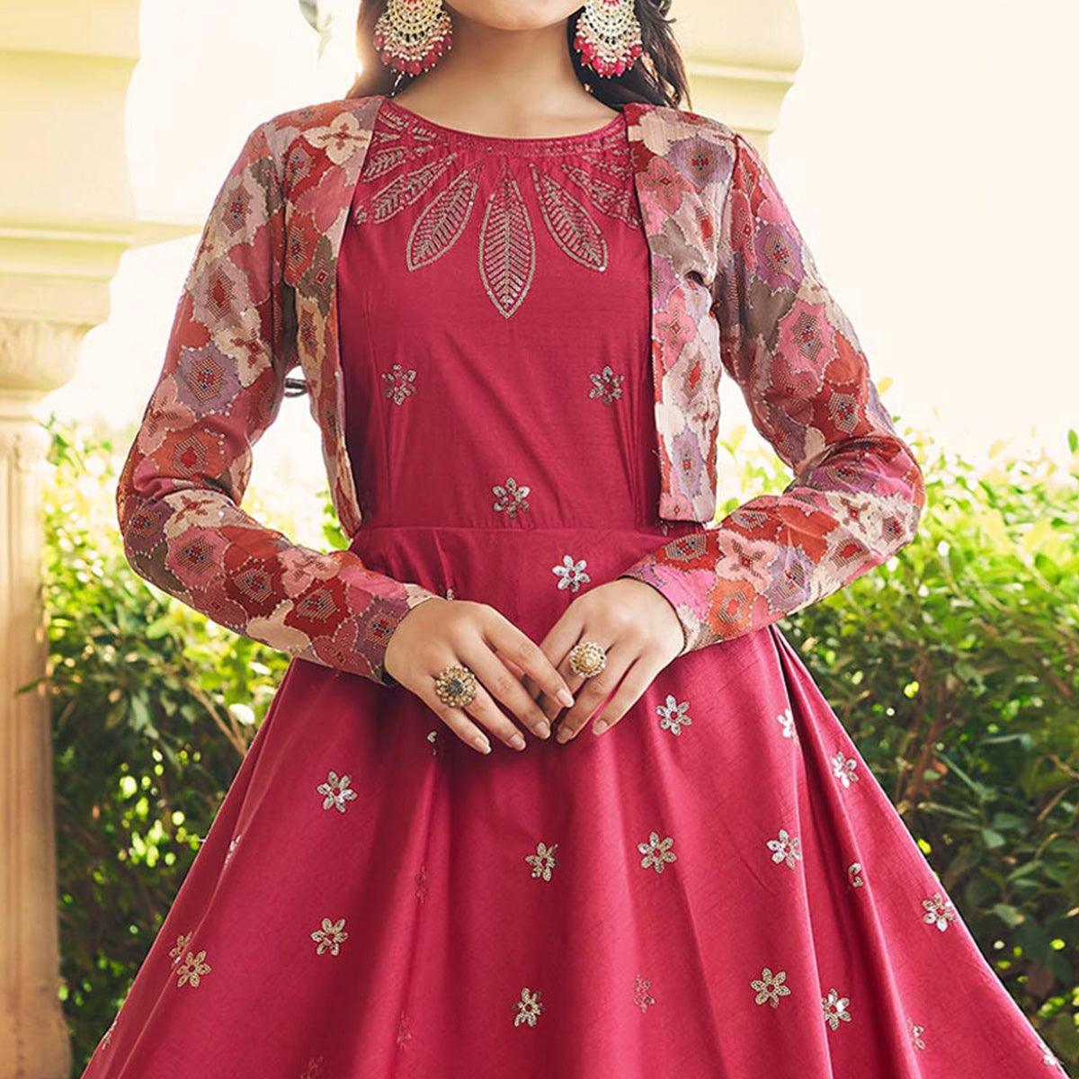 Pink Sequence Embroidered Pure Cotton Gown With Koti - Peachmode