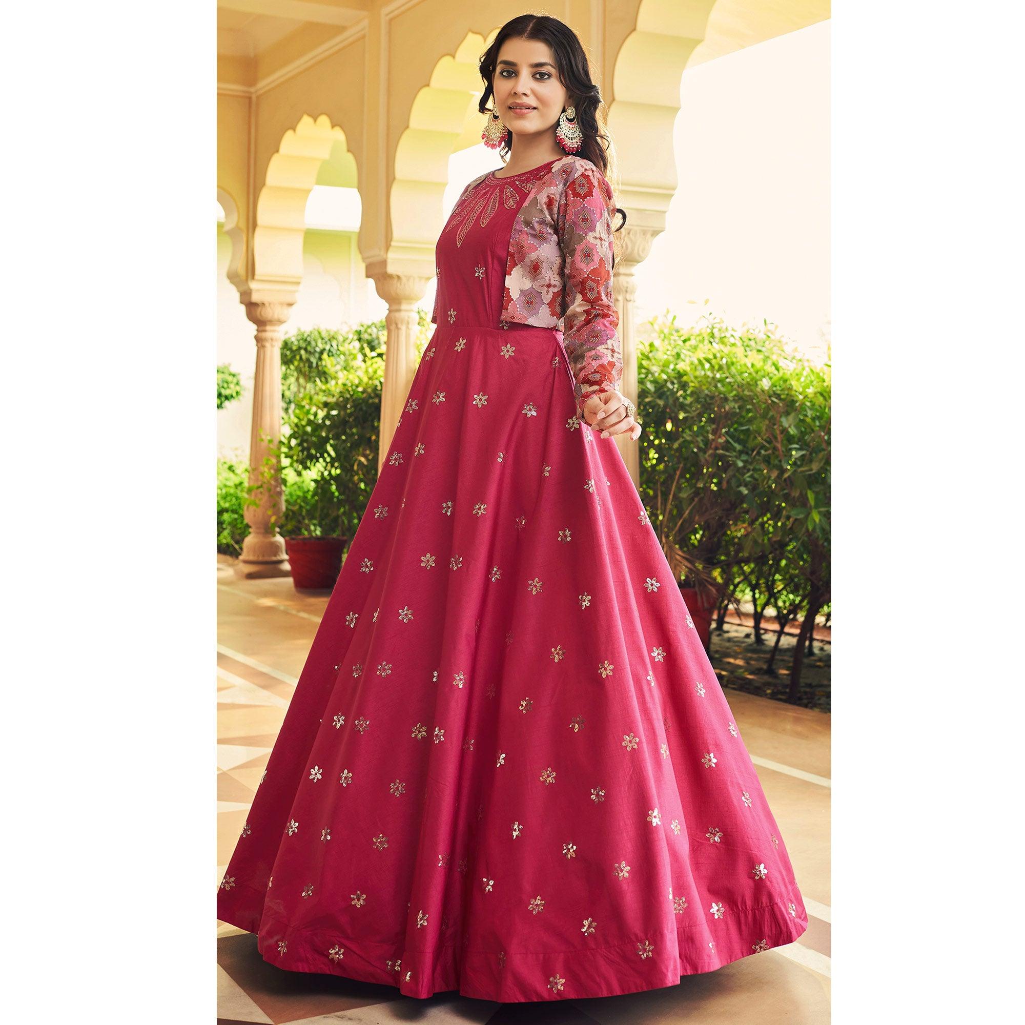 Pink Sequence Embroidered Pure Cotton Gown With Koti - Peachmode