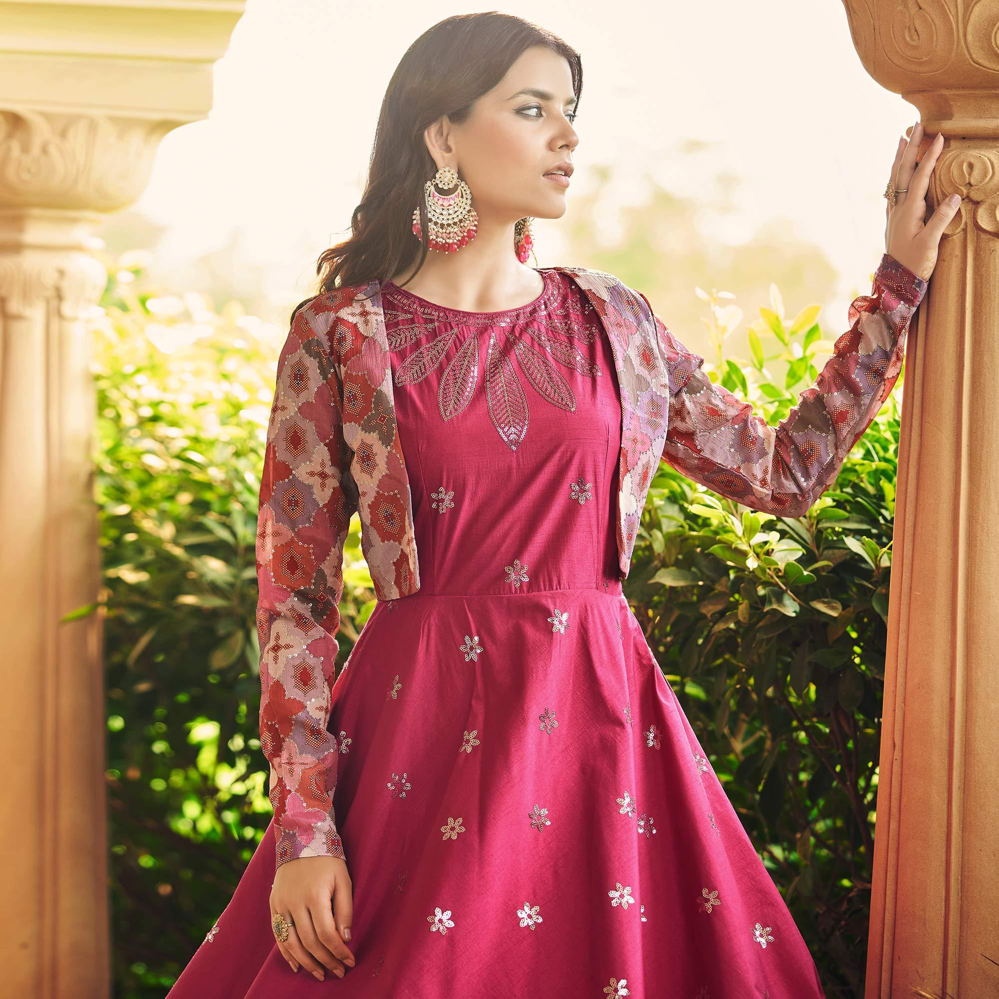 Pink Sequence Embroidered Pure Cotton Gown With Koti - Peachmode