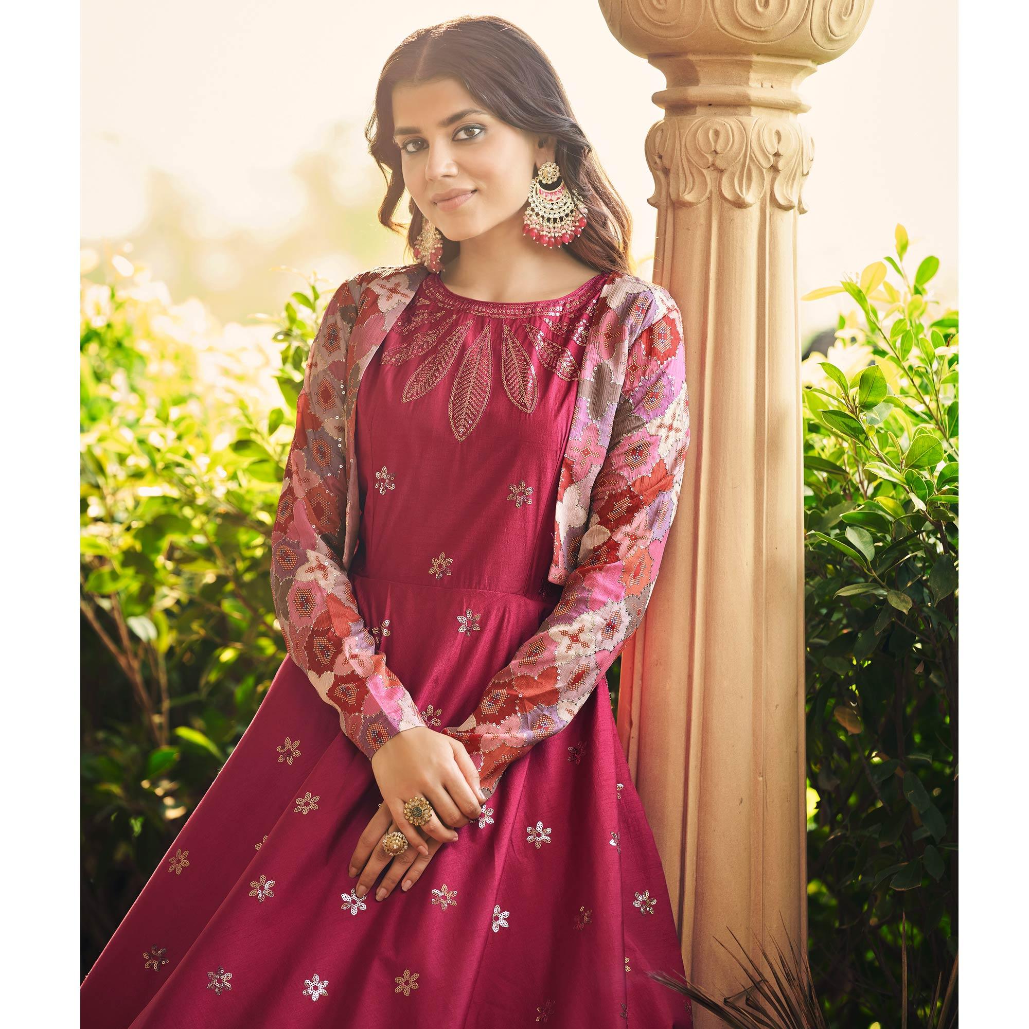 Pink Sequence Embroidered Pure Cotton Gown With Koti - Peachmode