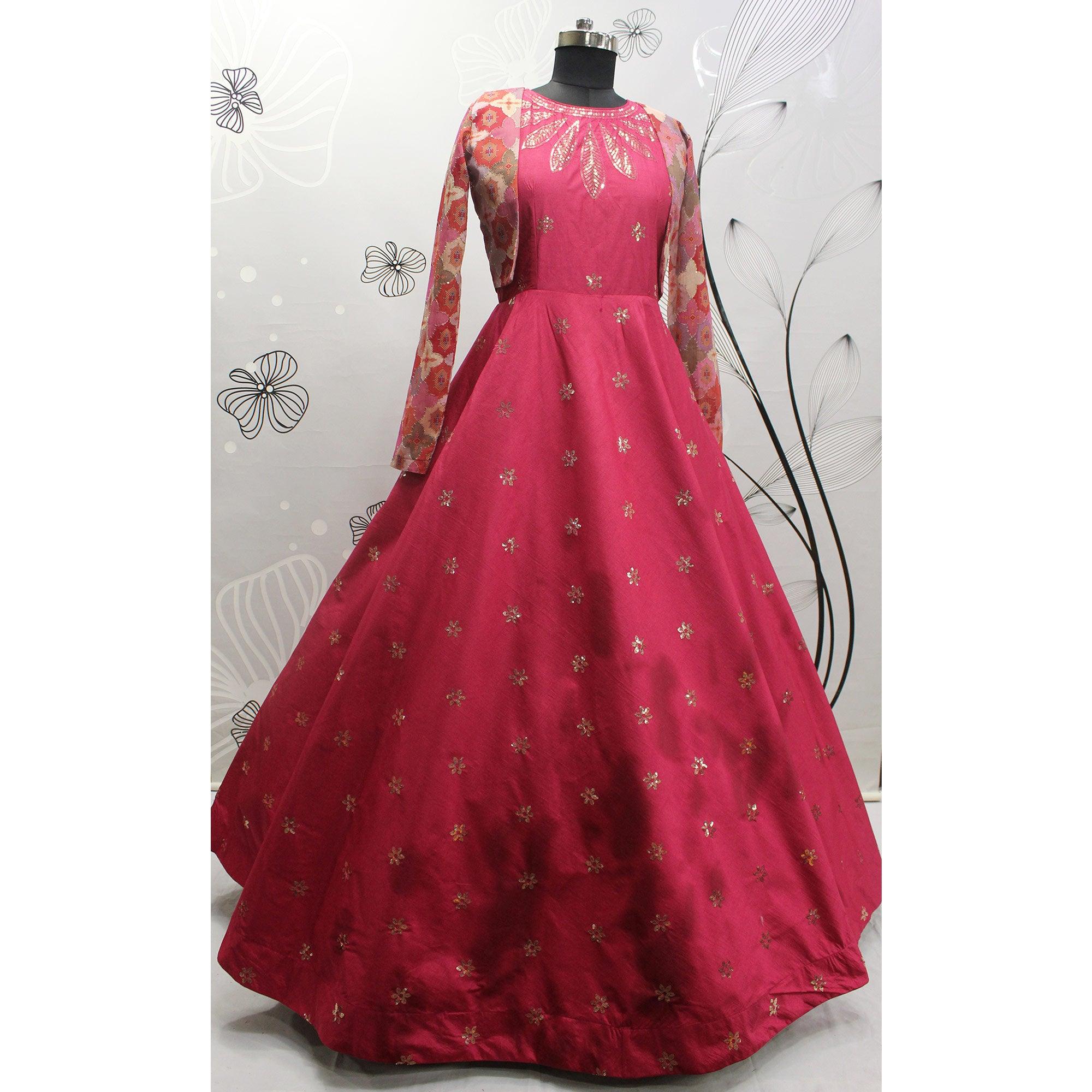 Pink Sequence Embroidered Pure Cotton Gown With Koti - Peachmode