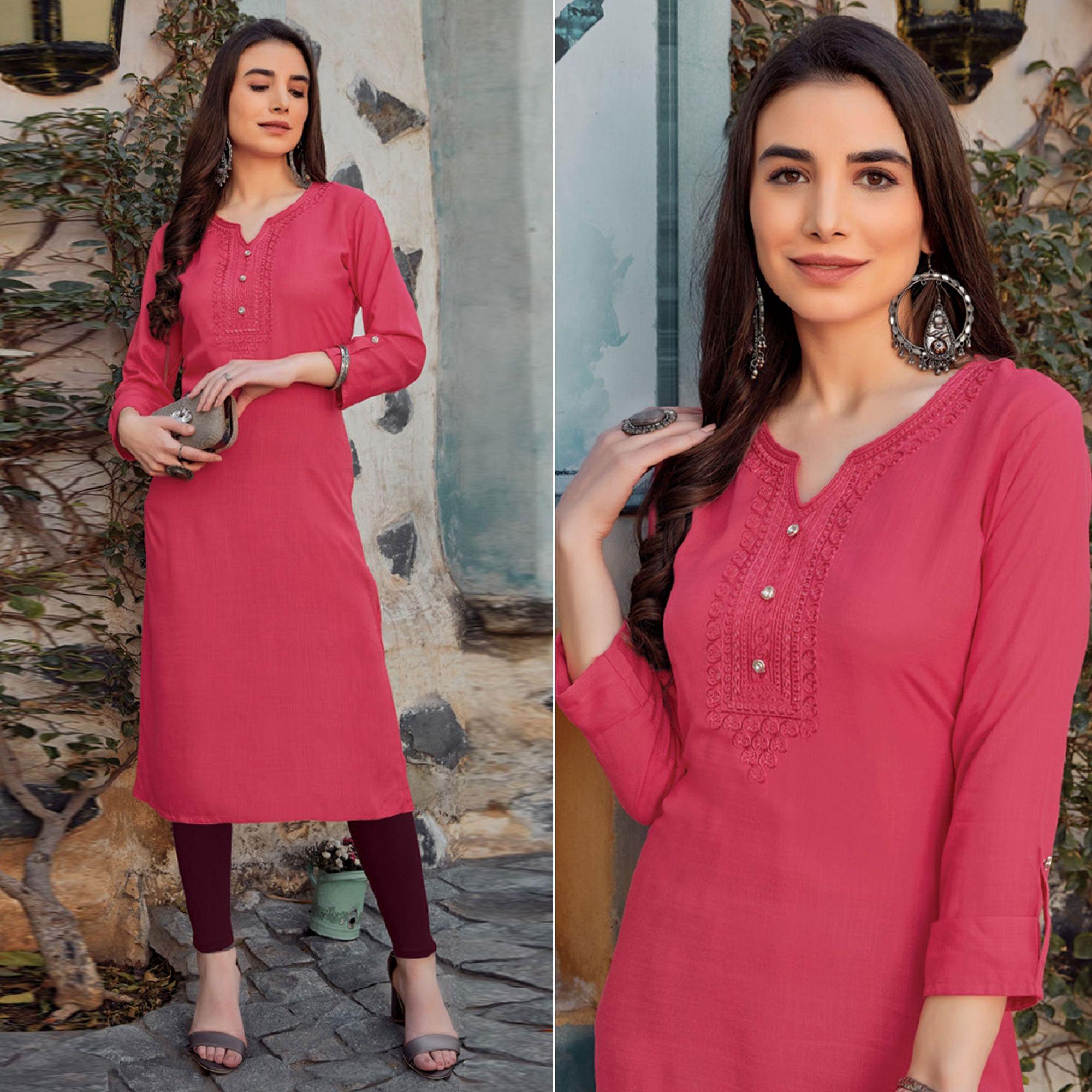 Pink Sequence Embroidered Pure Cotton Kurti - Peachmode