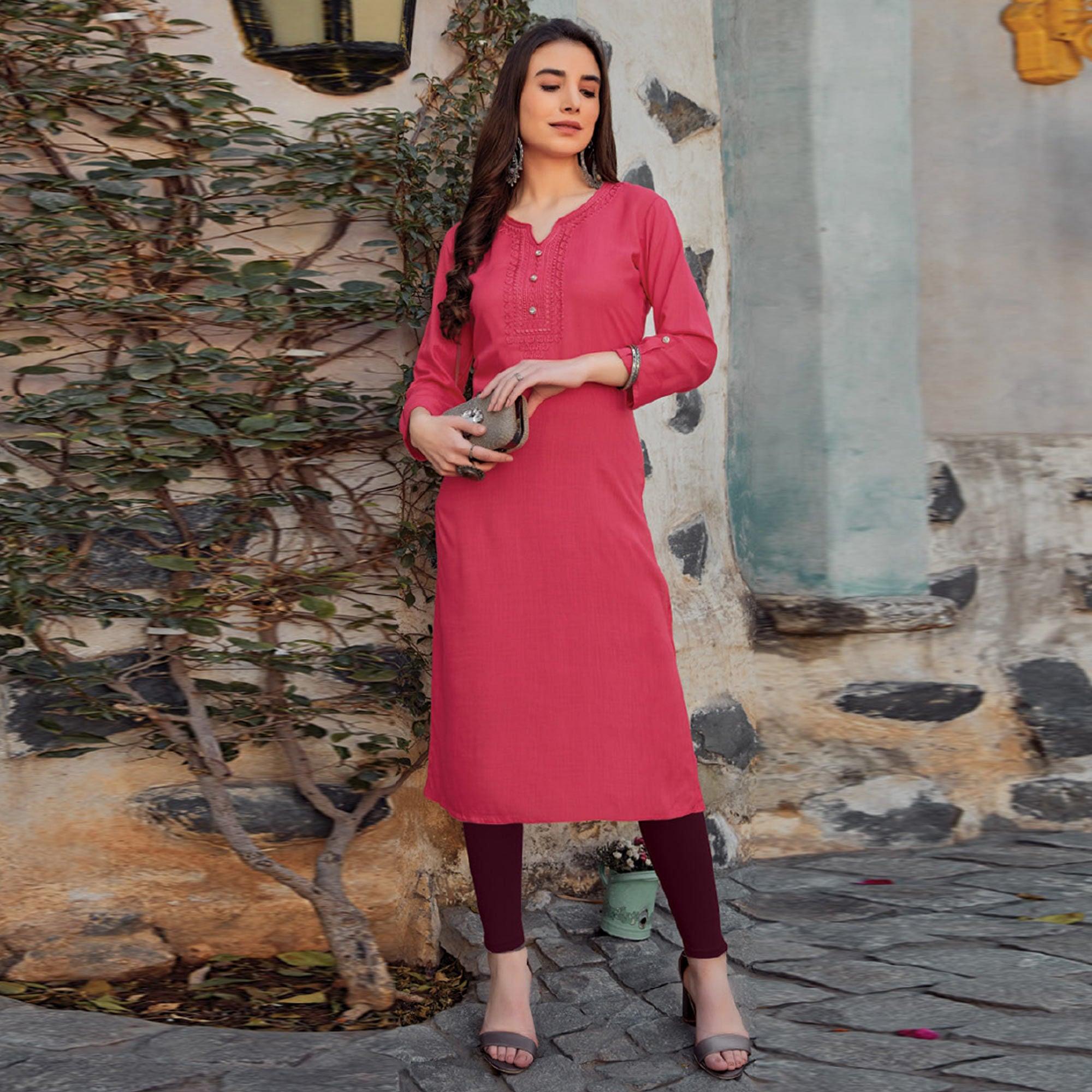 Pink Sequence Embroidered Pure Cotton Kurti - Peachmode