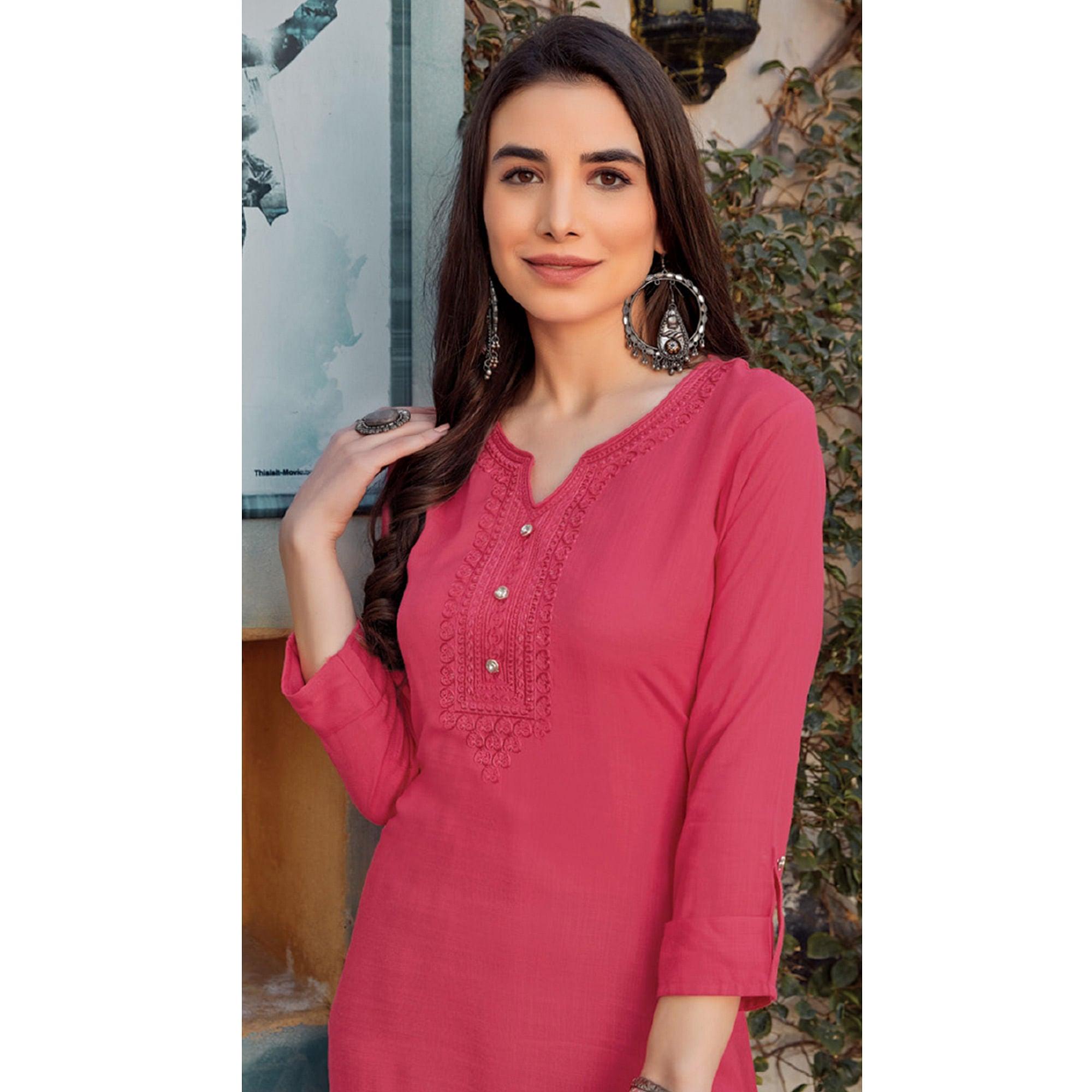 Pink Sequence Embroidered Pure Cotton Kurti - Peachmode