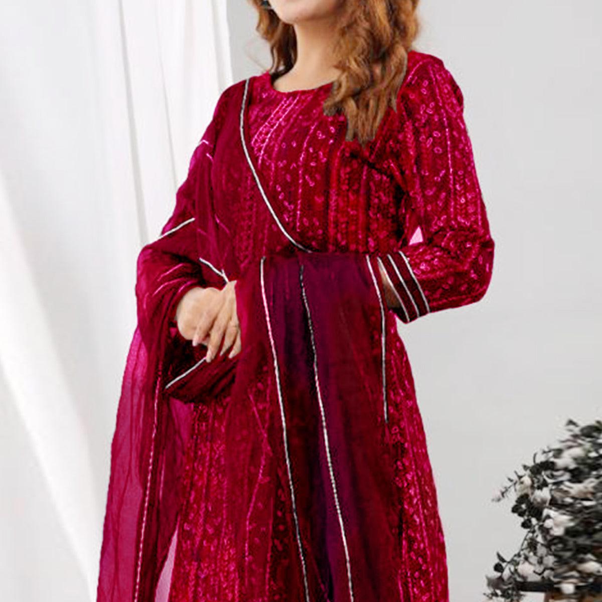 Pink Sequence Embroidered Pure Cotton Palazzo Suit - Peachmode