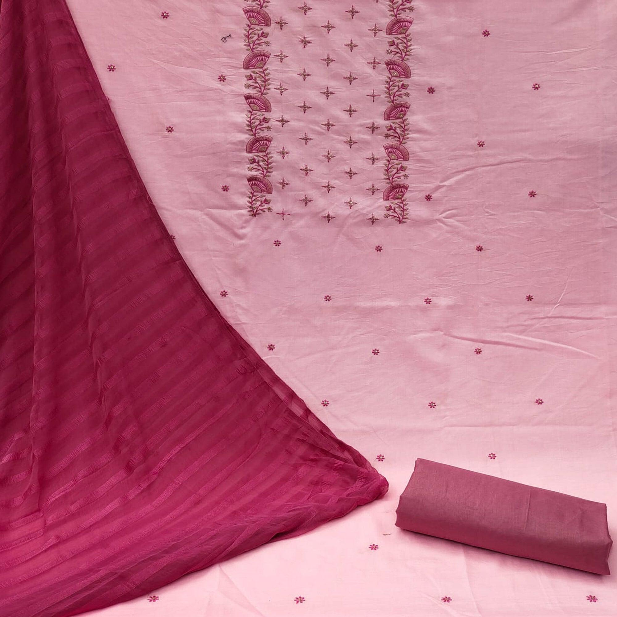 Pink Sequence Embroidered Pure Silk Dress Material - Peachmode