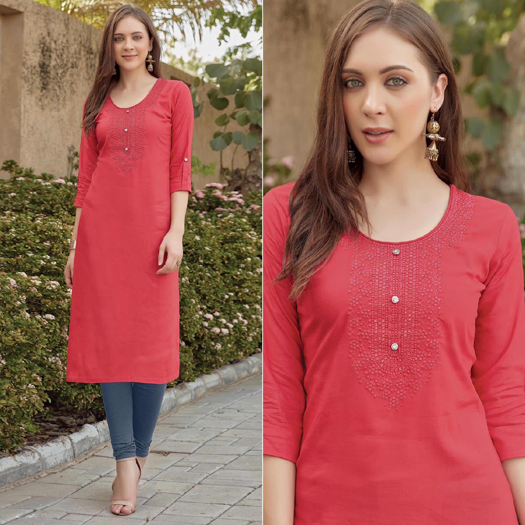 Pink Sequence Embroidered Rayon Kurti - Peachmode
