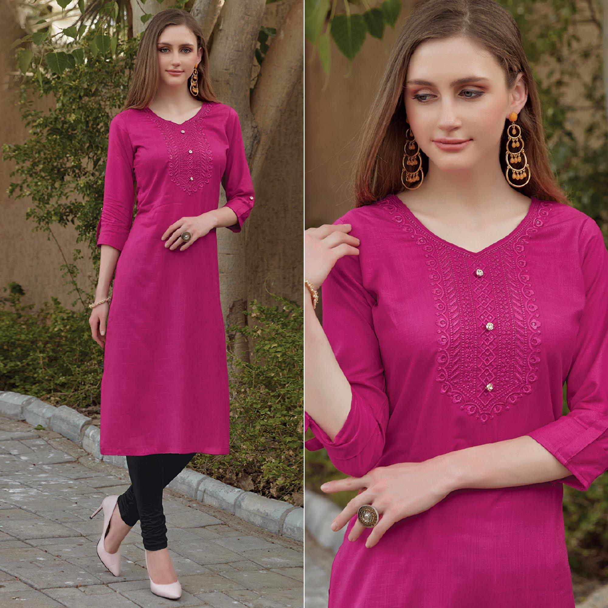 Pink Sequence Embroidered Rayon Kurti - Peachmode