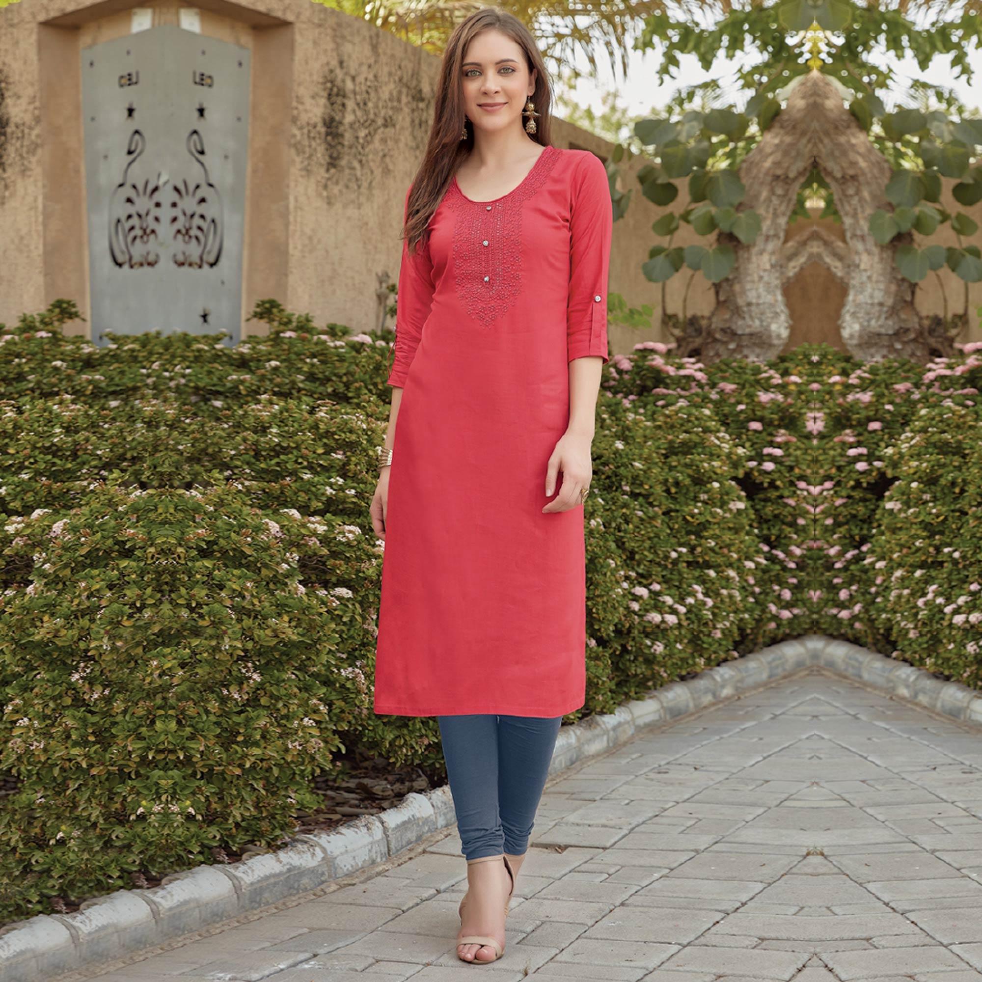 Pink Sequence Embroidered Rayon Kurti - Peachmode