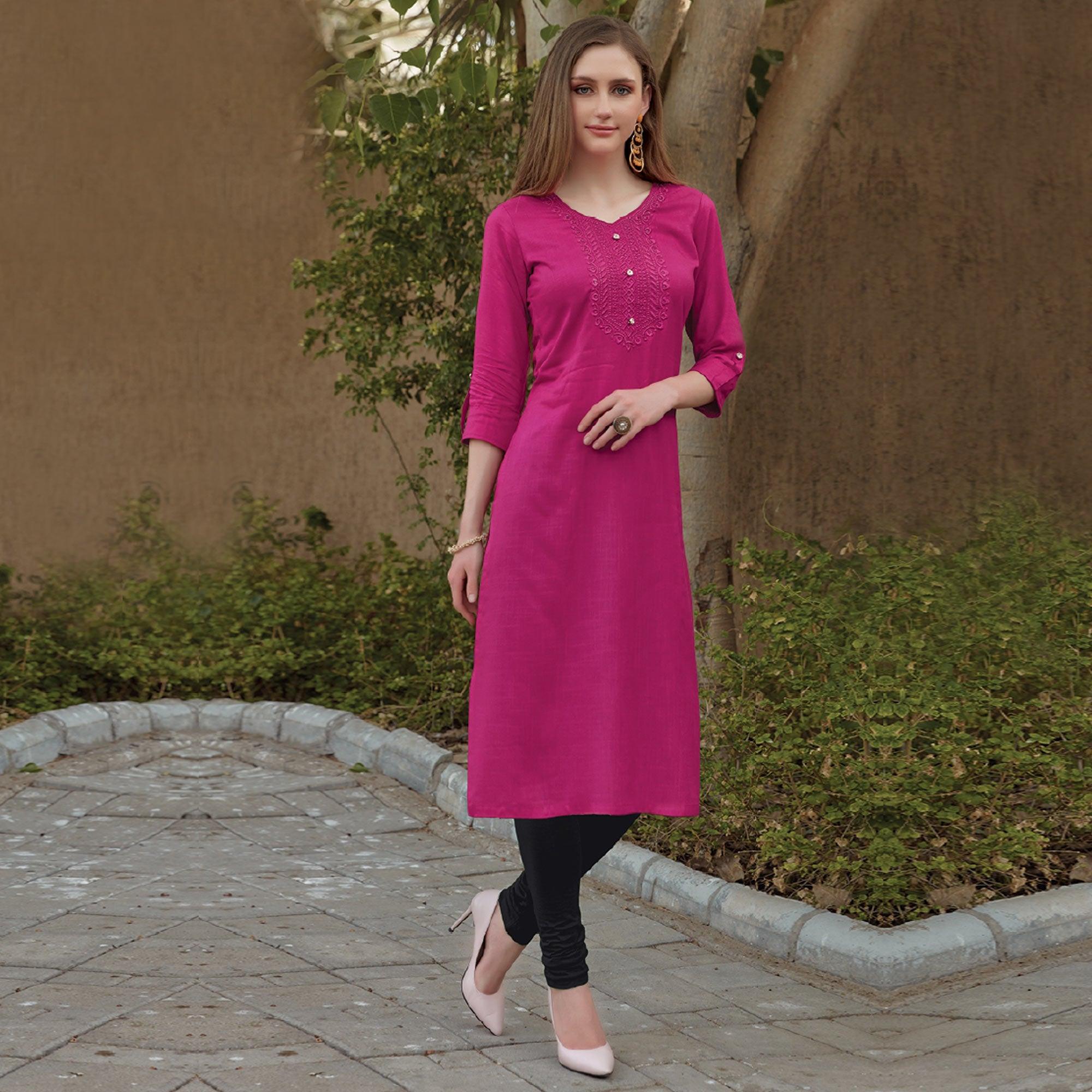Pink Sequence Embroidered Rayon Kurti - Peachmode