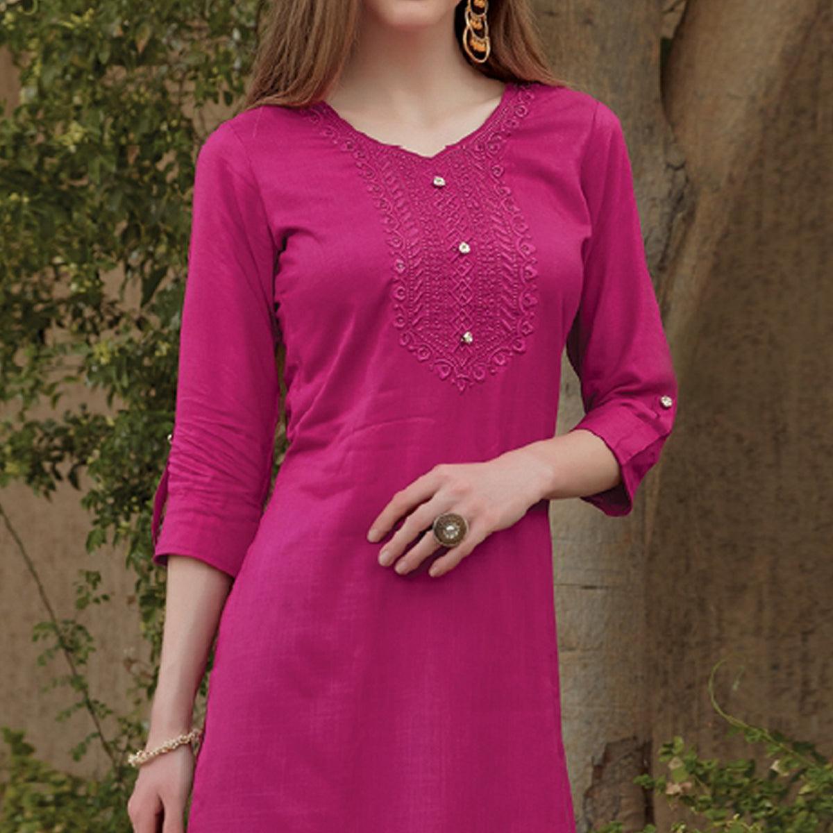 Pink Sequence Embroidered Rayon Kurti - Peachmode