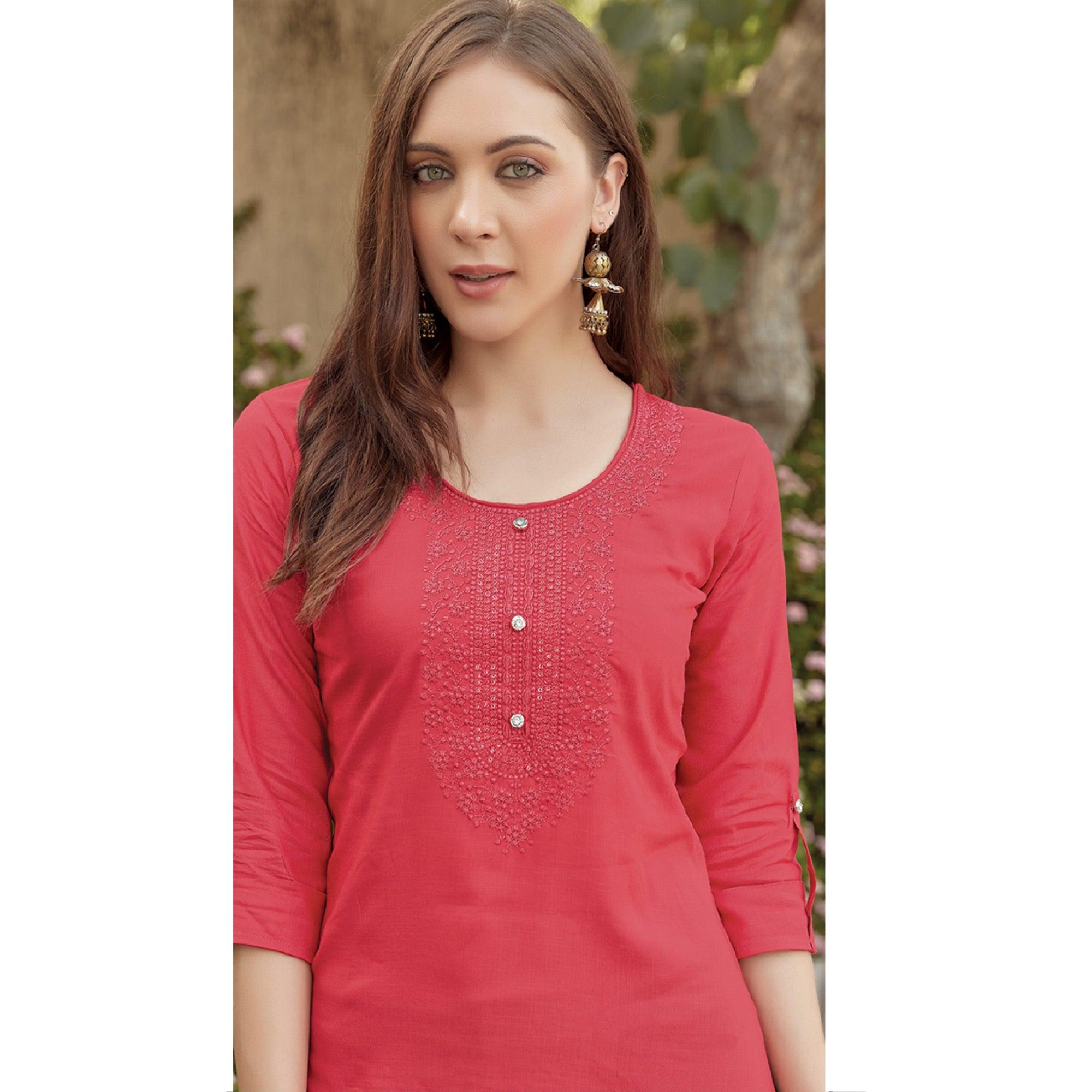 Pink Sequence Embroidered Rayon Kurti - Peachmode