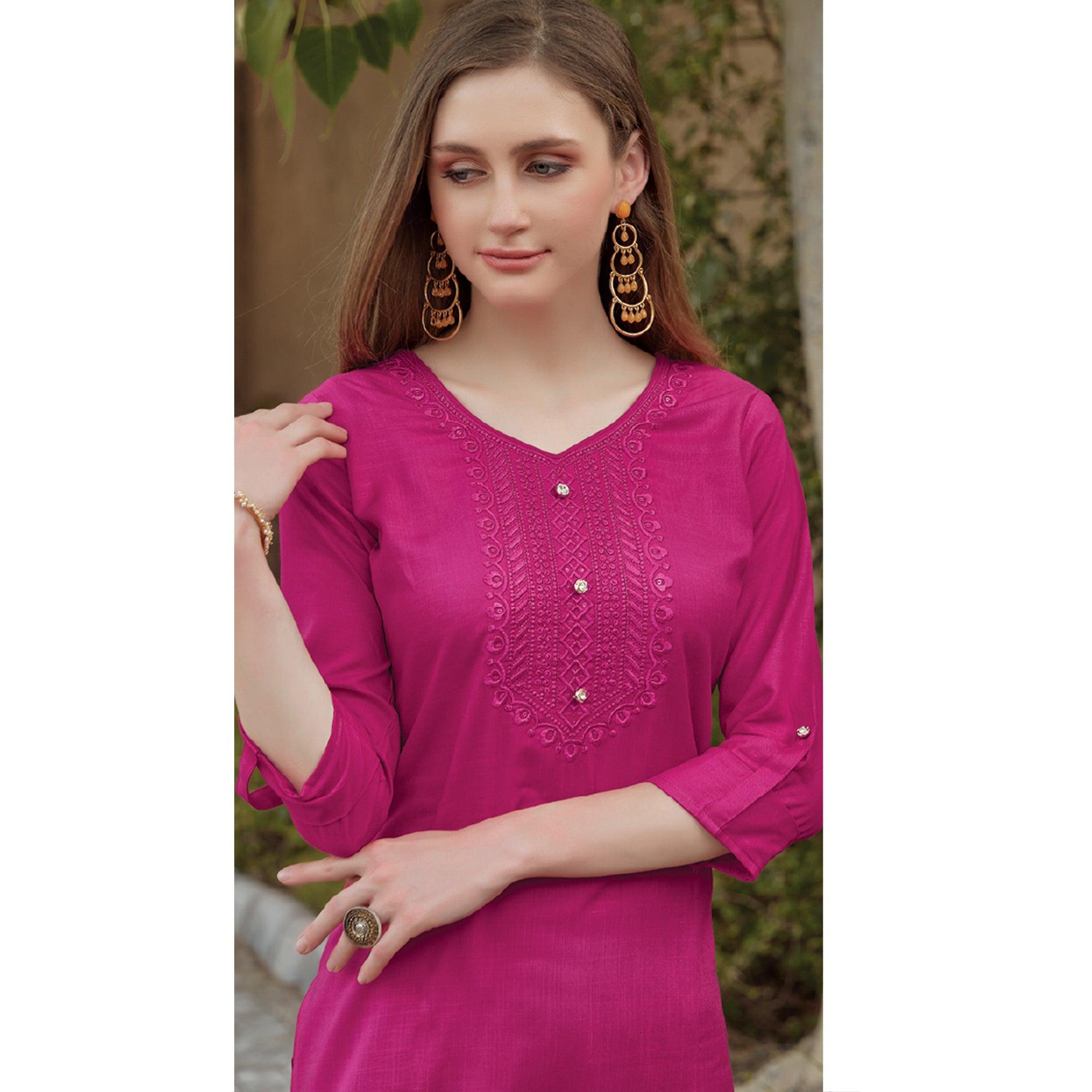 Pink Sequence Embroidered Rayon Kurti - Peachmode