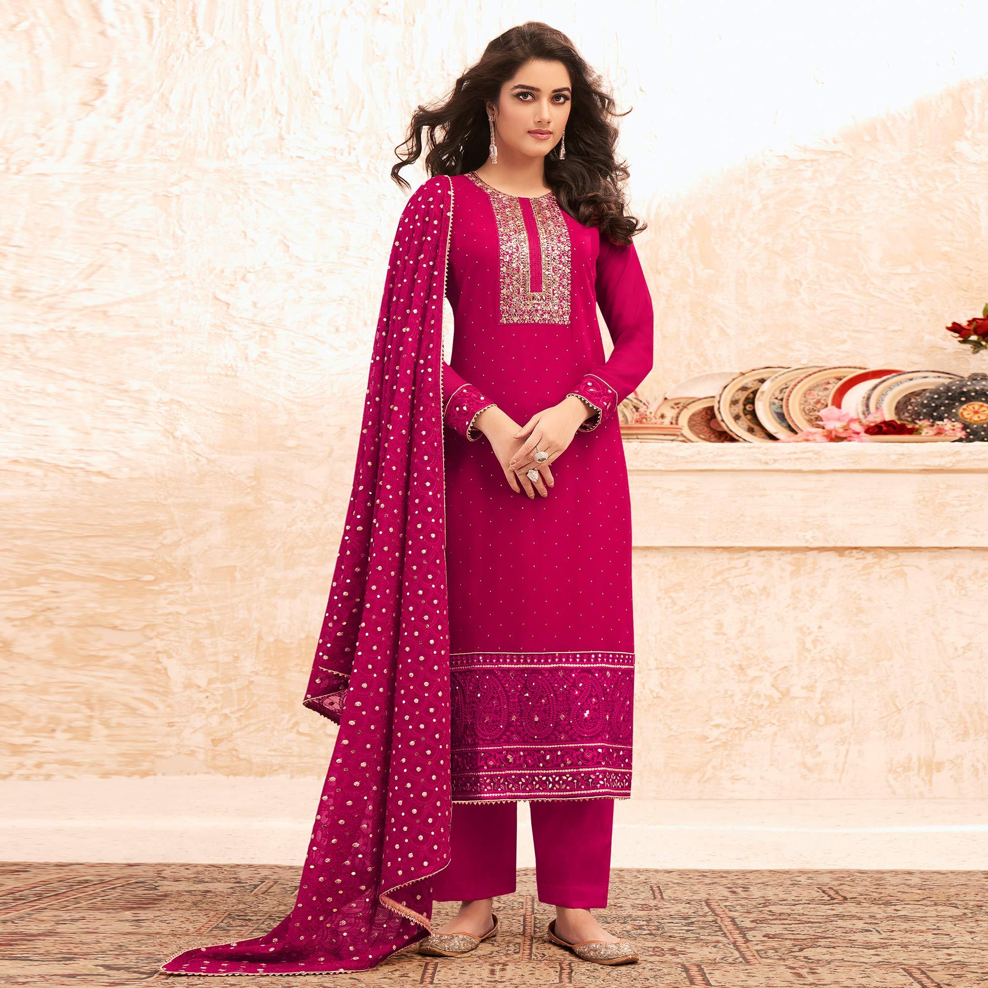 Pink Sequence Embroidered Real Georgette Partywear Suit - Peachmode