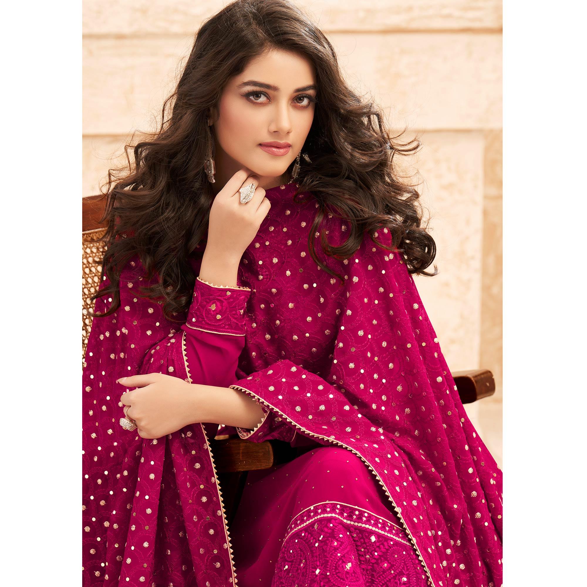 Pink Sequence Embroidered Real Georgette Partywear Suit - Peachmode