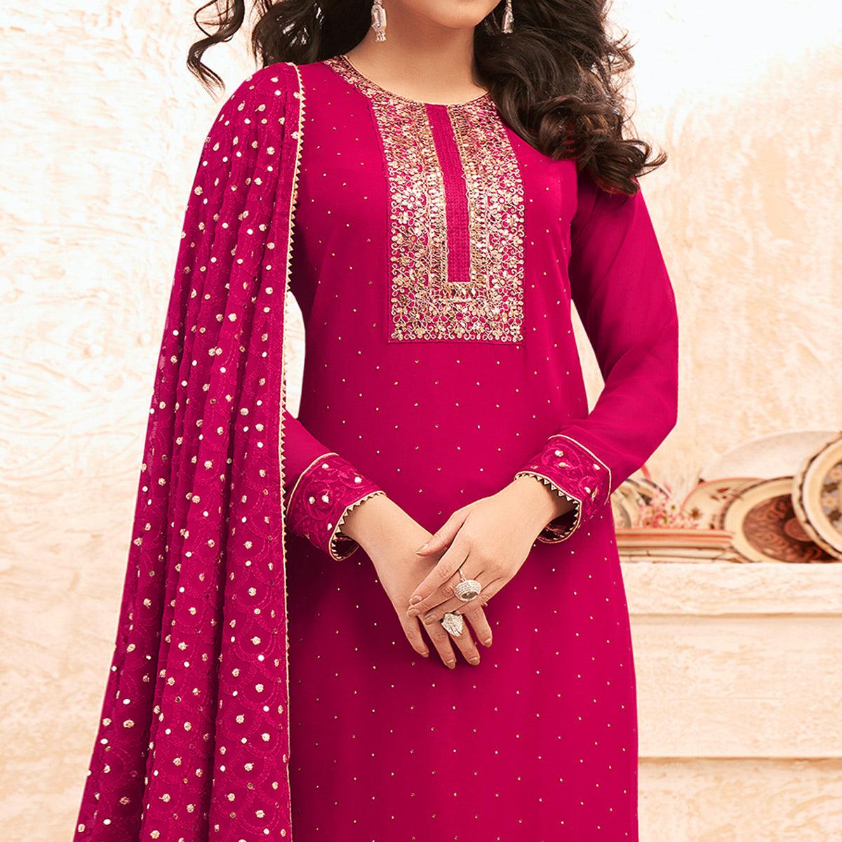 Pink Sequence Embroidered Real Georgette Partywear Suit - Peachmode
