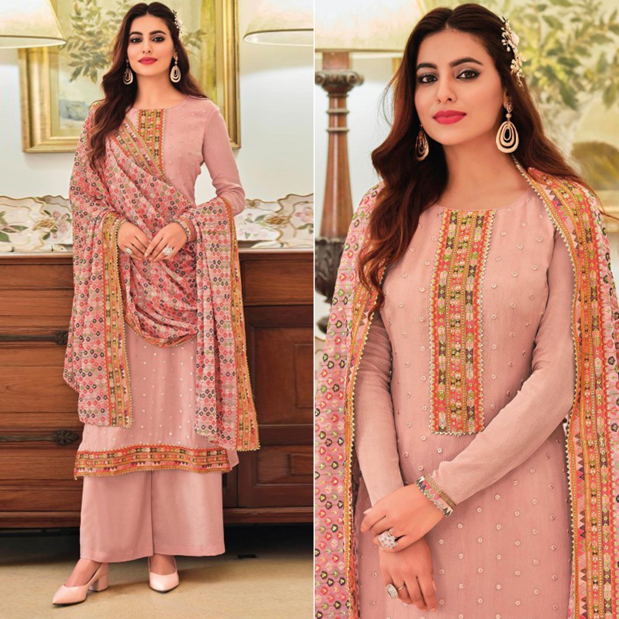 Pink Sequence Embroidered With Mirror Work Georgette Palazzo Suit - Peachmode