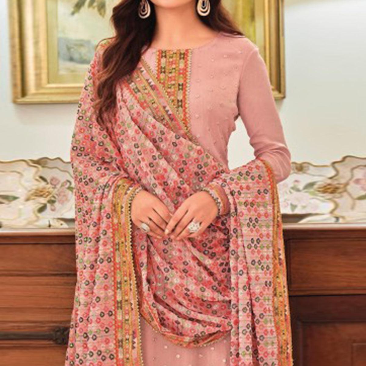Pink Sequence Embroidered With Mirror Work Georgette Palazzo Suit - Peachmode