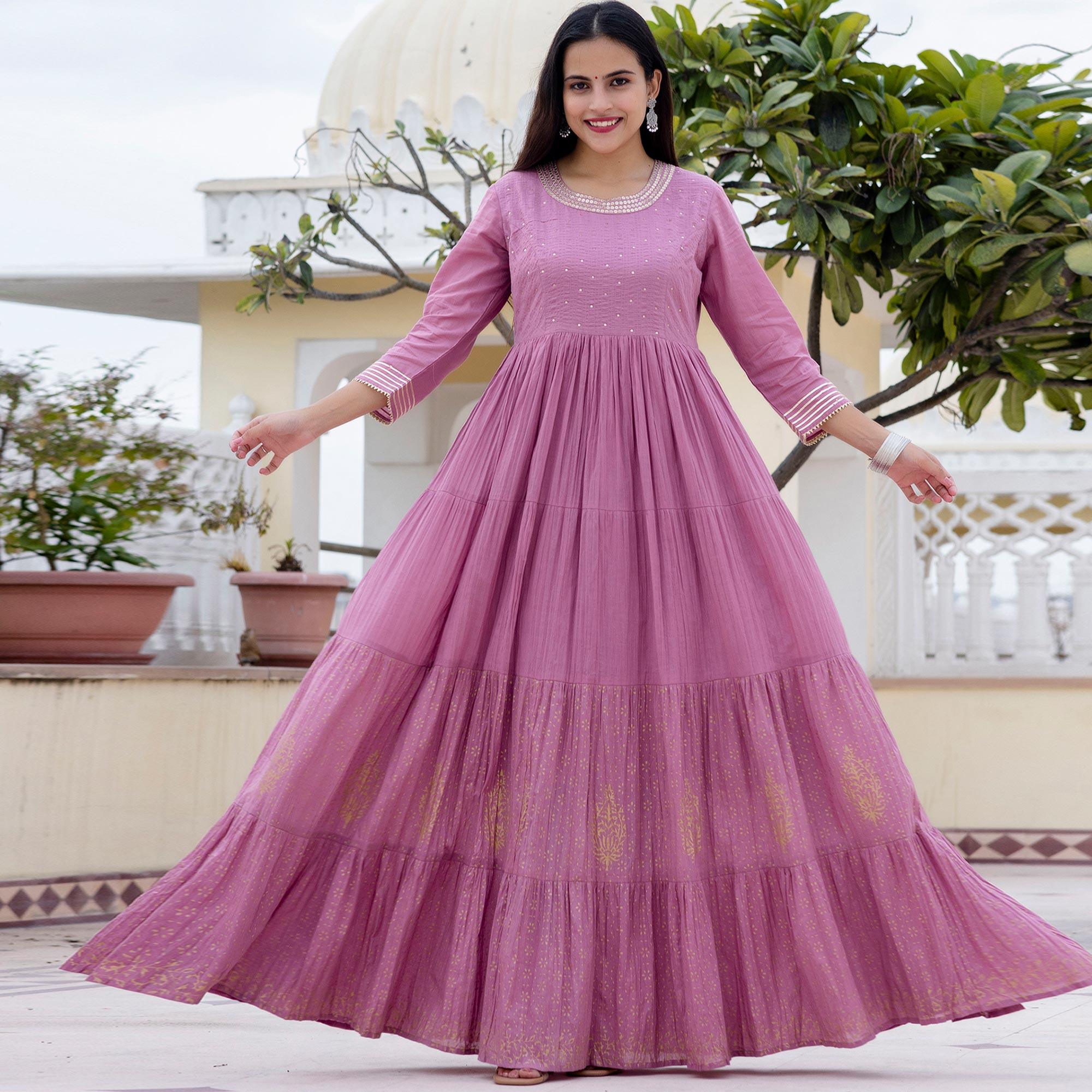 Pink Sequence Embroidered With Printed Pure Cotton Gown - Peachmode