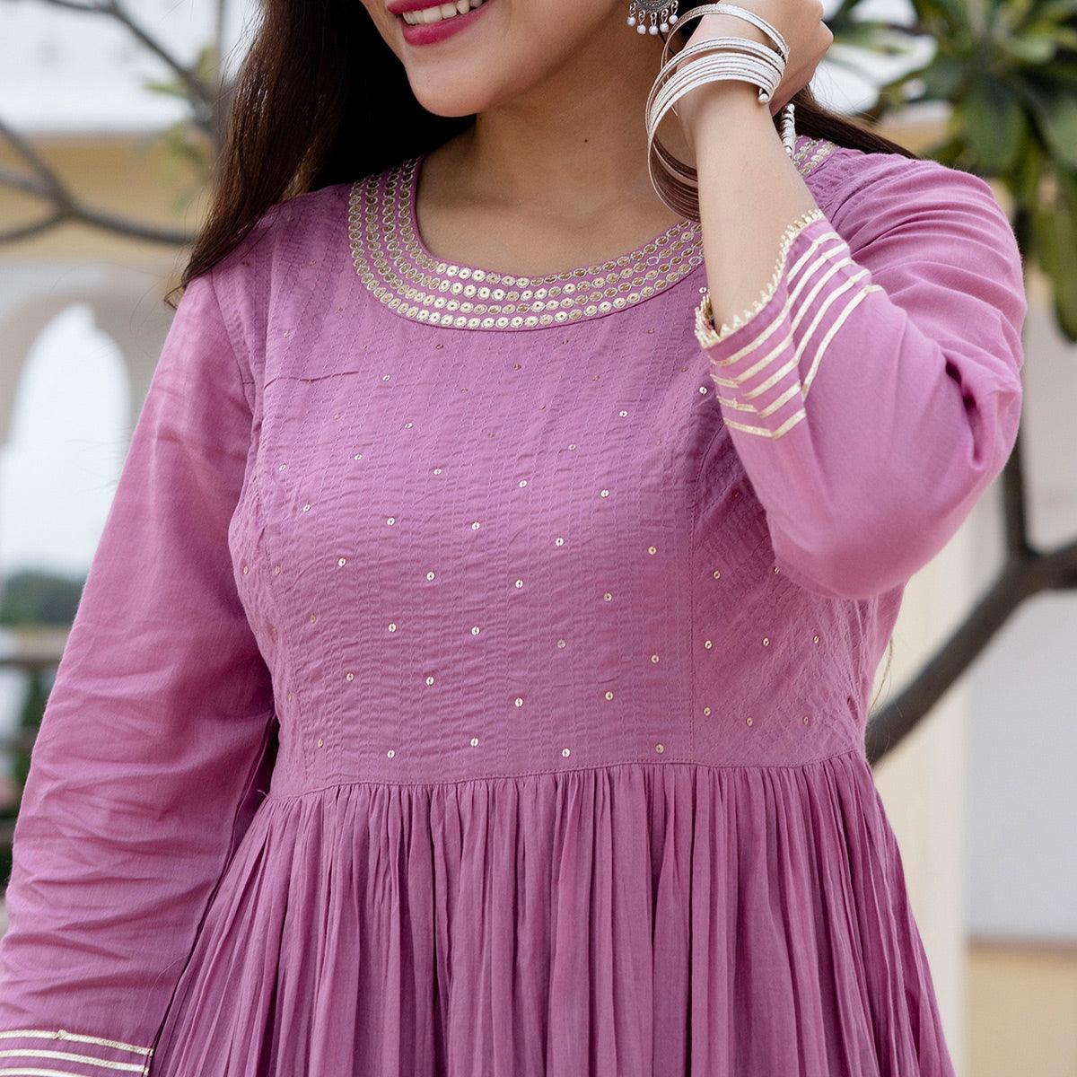 Pink Sequence Embroidered With Printed Pure Cotton Gown - Peachmode