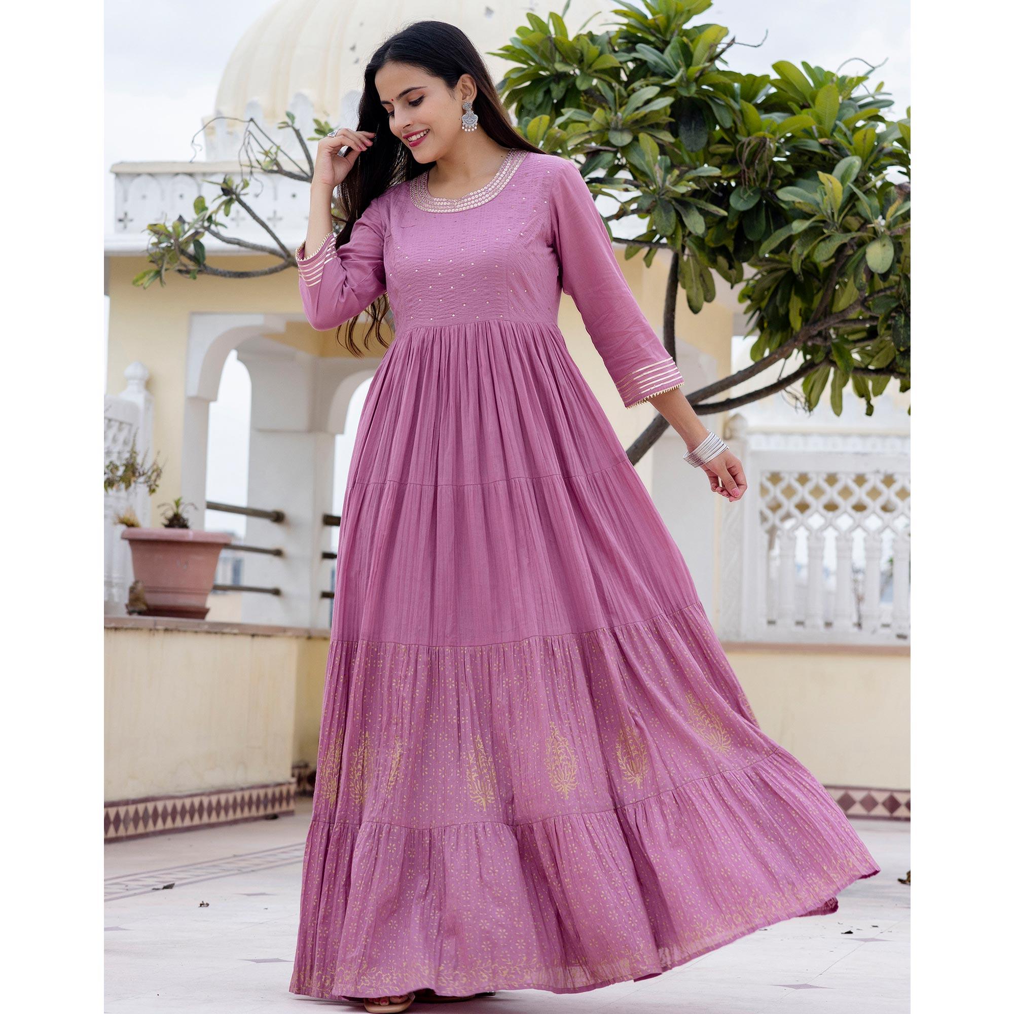 Pink Sequence Embroidered With Printed Pure Cotton Gown - Peachmode