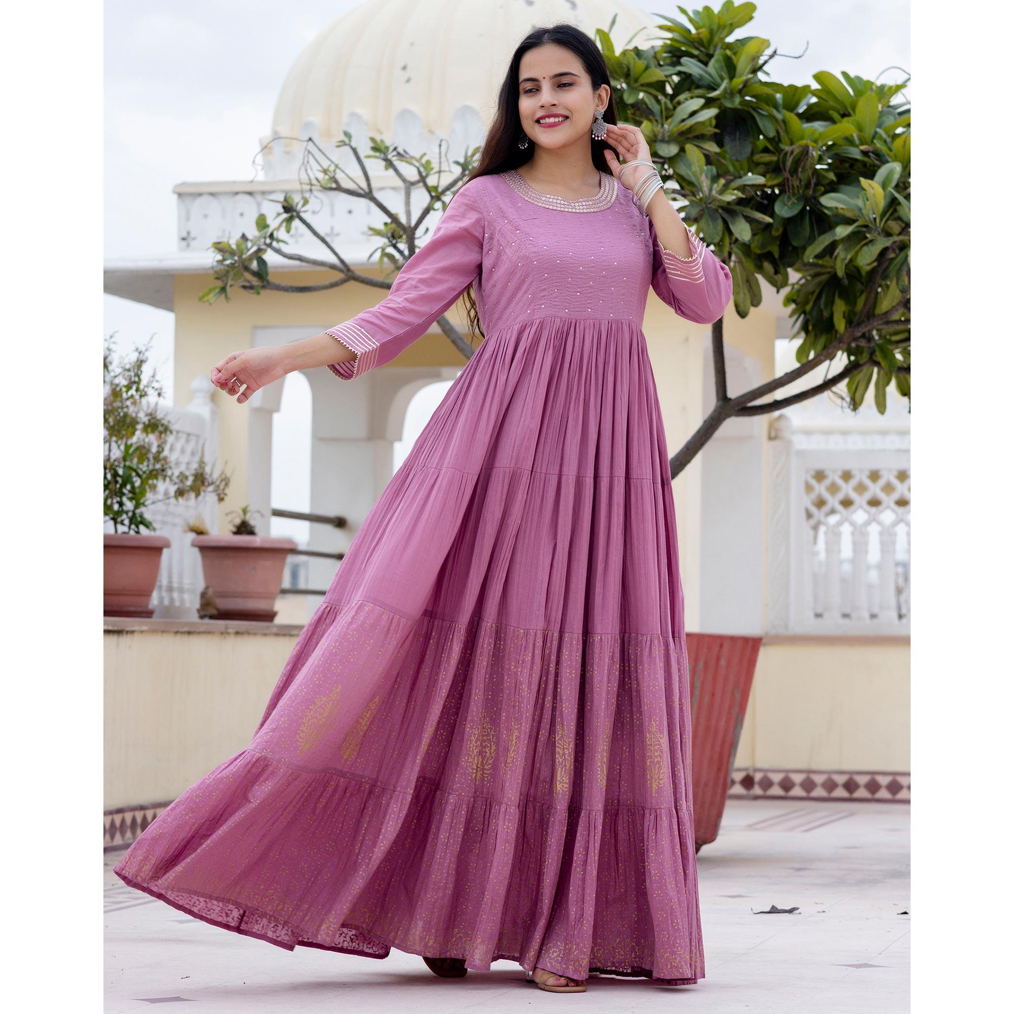 Pink Sequence Embroidered With Printed Pure Cotton Gown - Peachmode