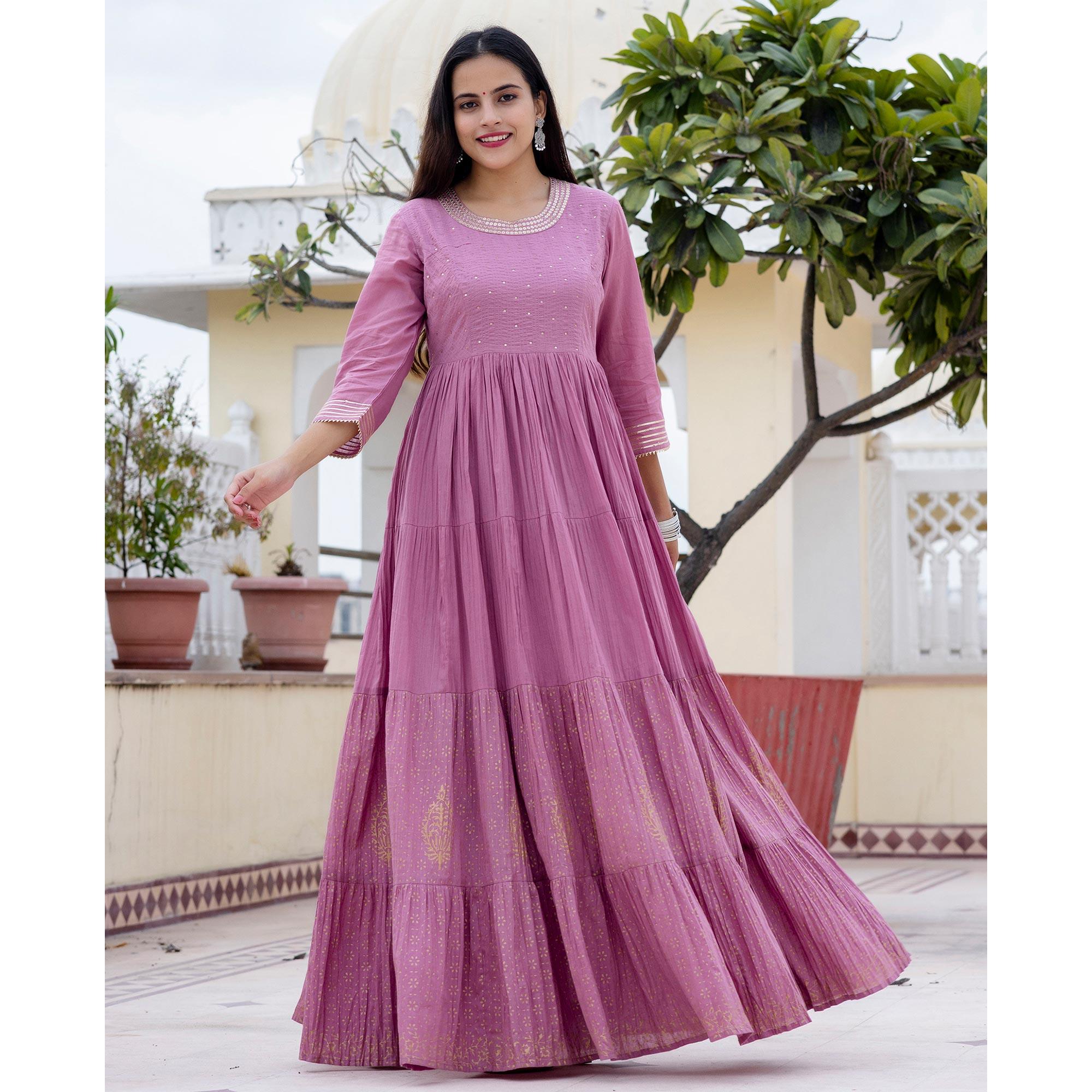 Pink Sequence Embroidered With Printed Pure Cotton Gown - Peachmode