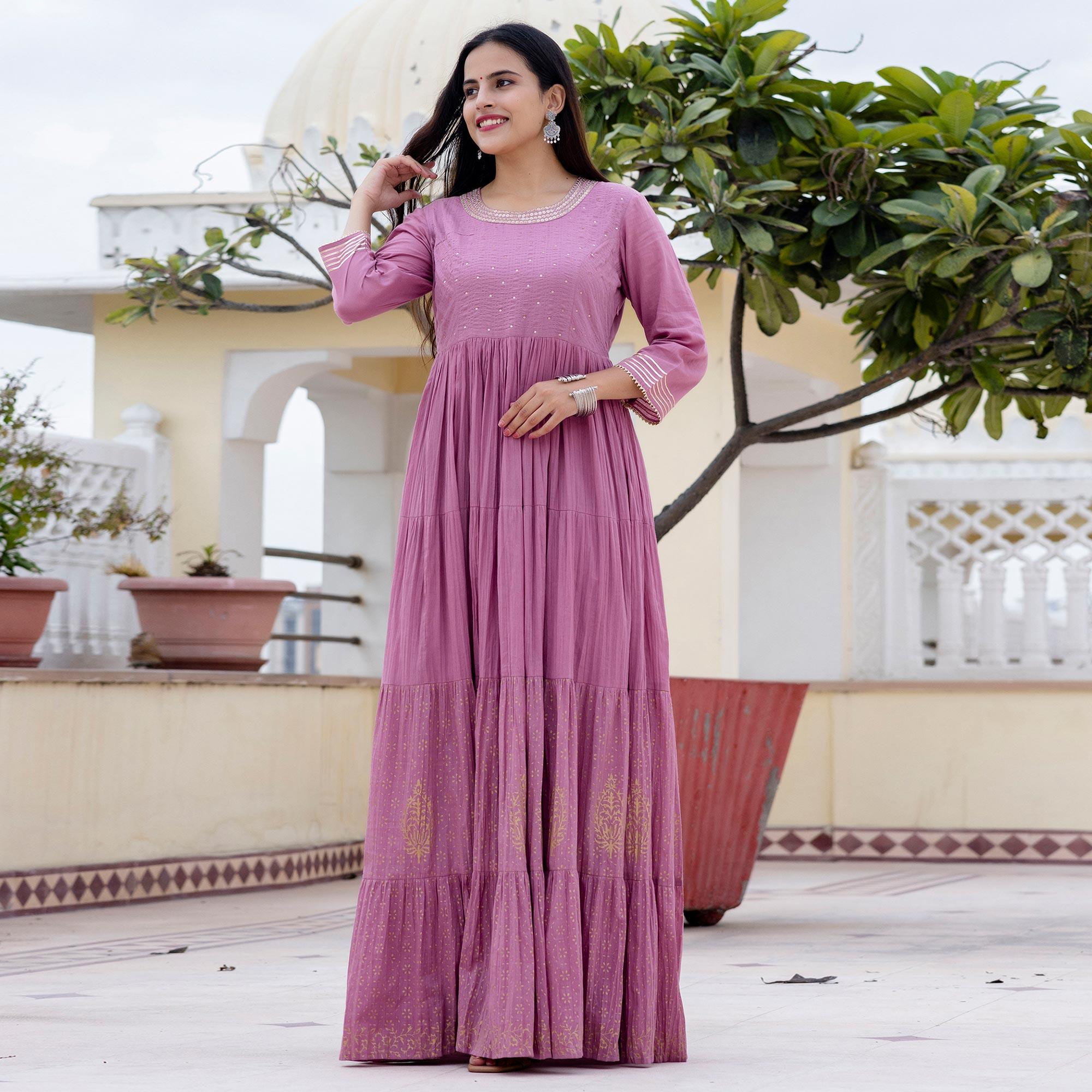 Pink Sequence Embroidered With Printed Pure Cotton Gown - Peachmode