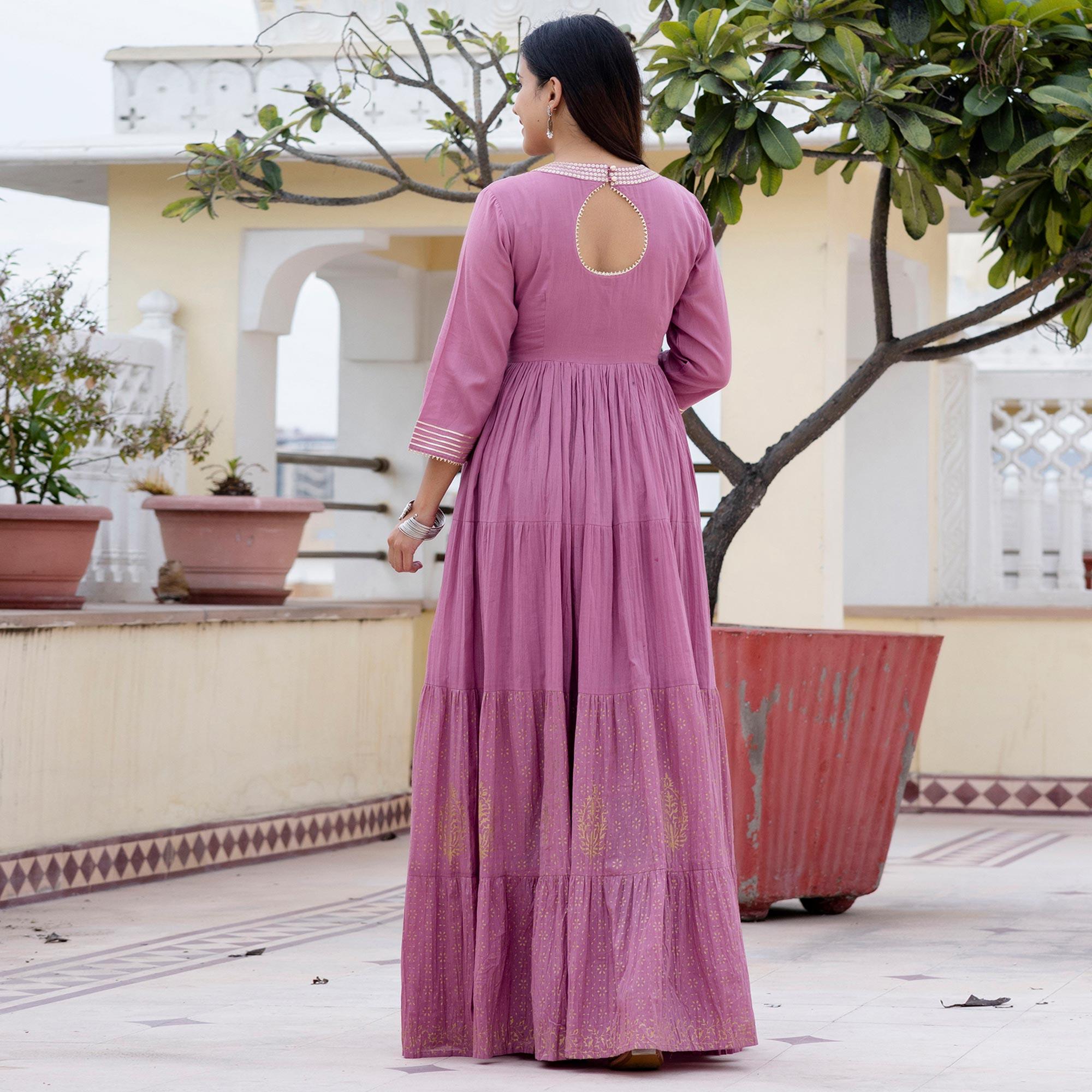 Pink Sequence Embroidered With Printed Pure Cotton Gown - Peachmode