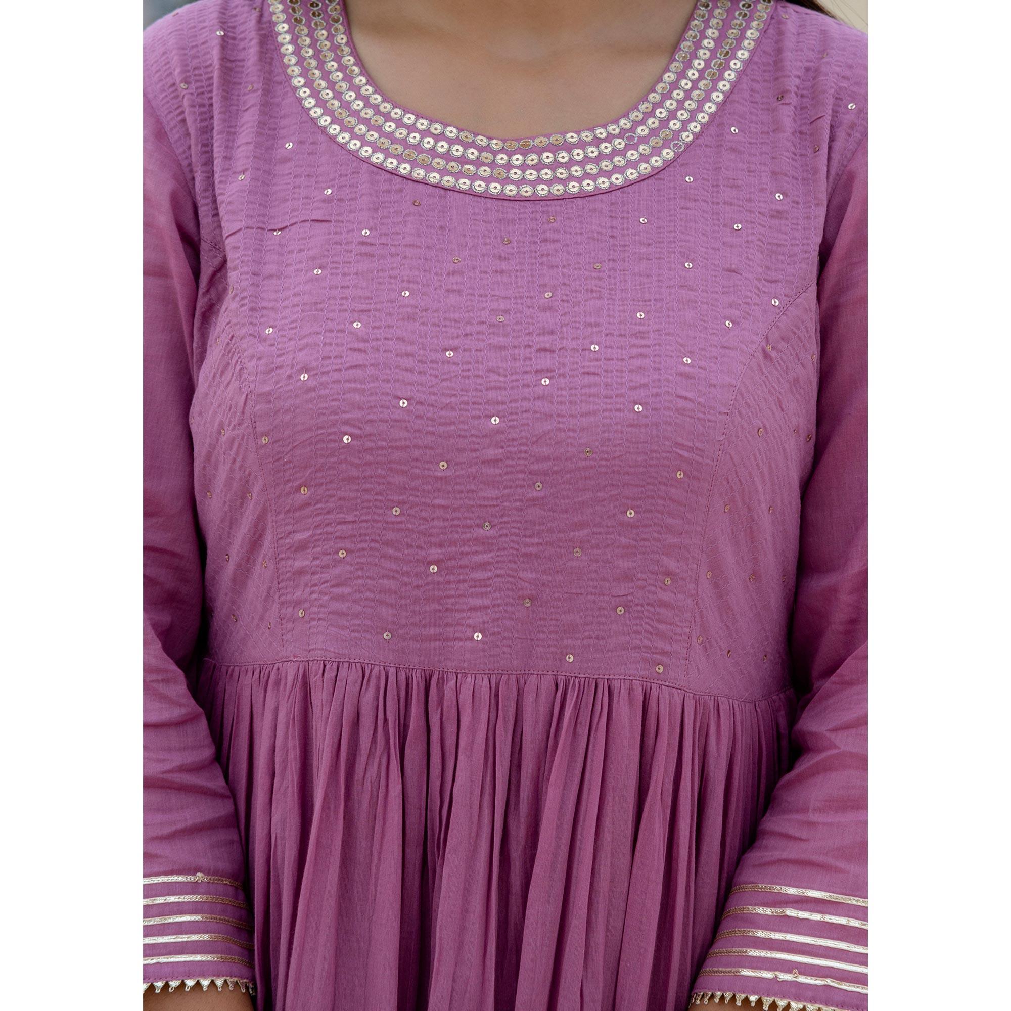 Pink Sequence Embroidered With Printed Pure Cotton Gown - Peachmode