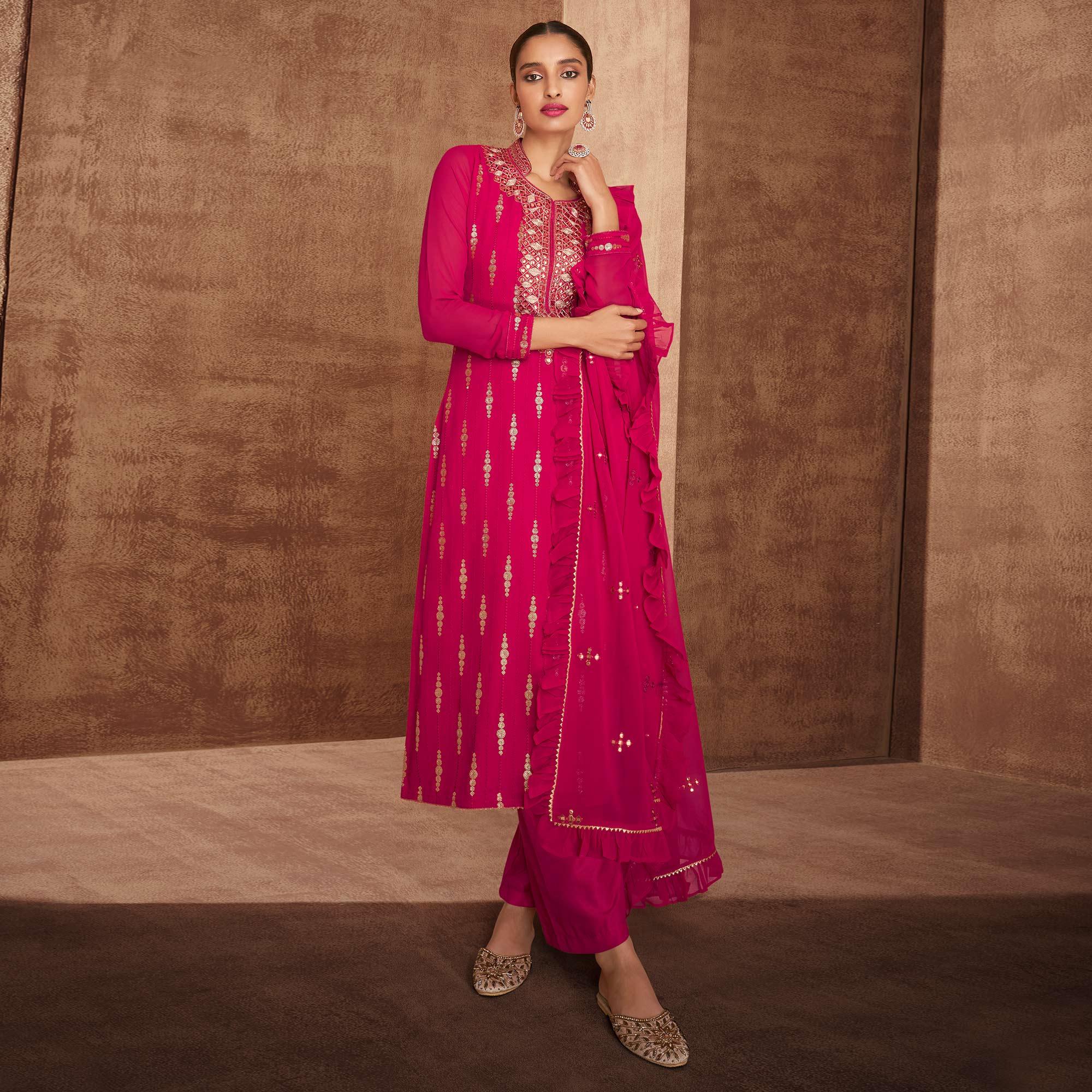 Pink Sequence Embroidery Georgette Partywear Suit - Peachmode
