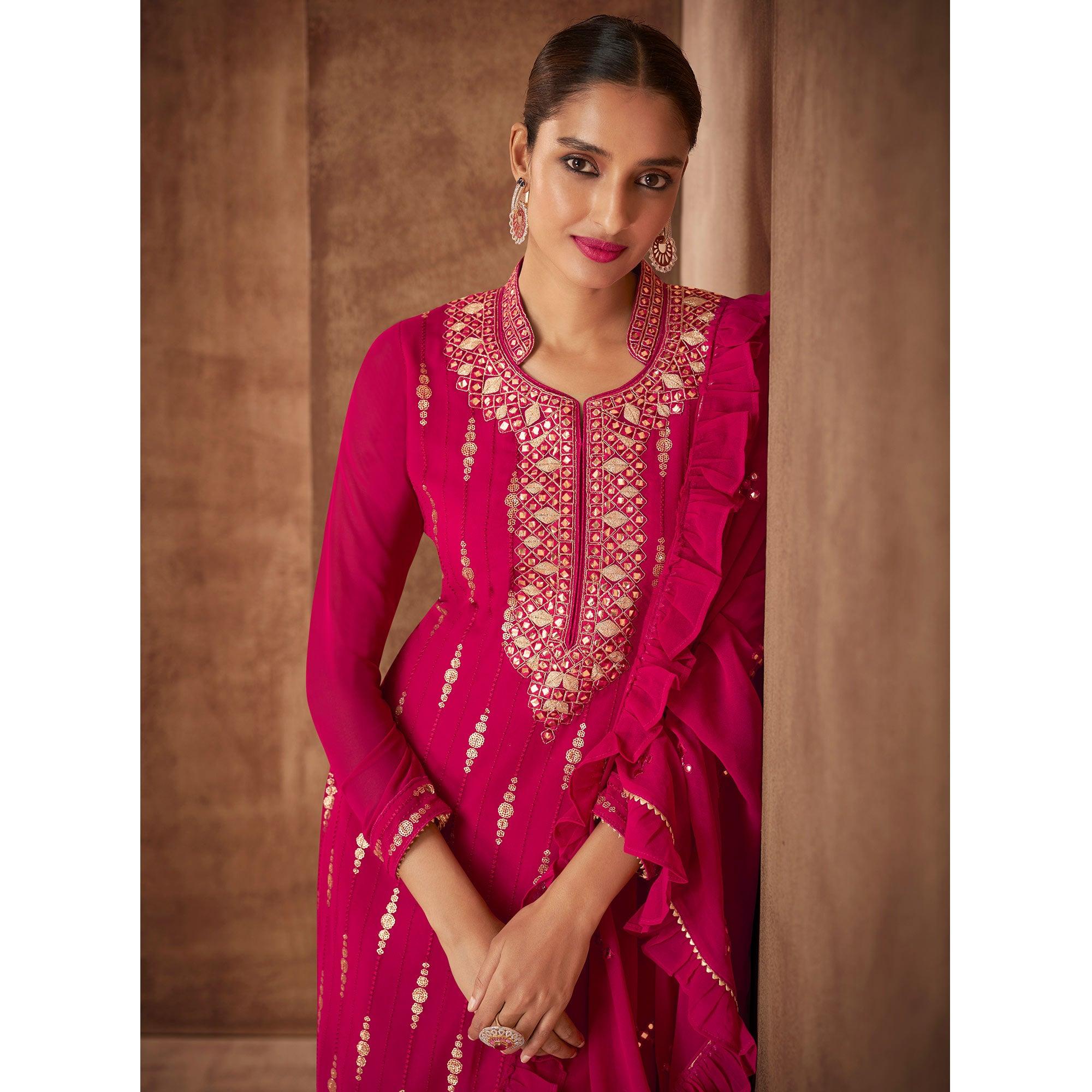 Pink Sequence Embroidery Georgette Partywear Suit - Peachmode