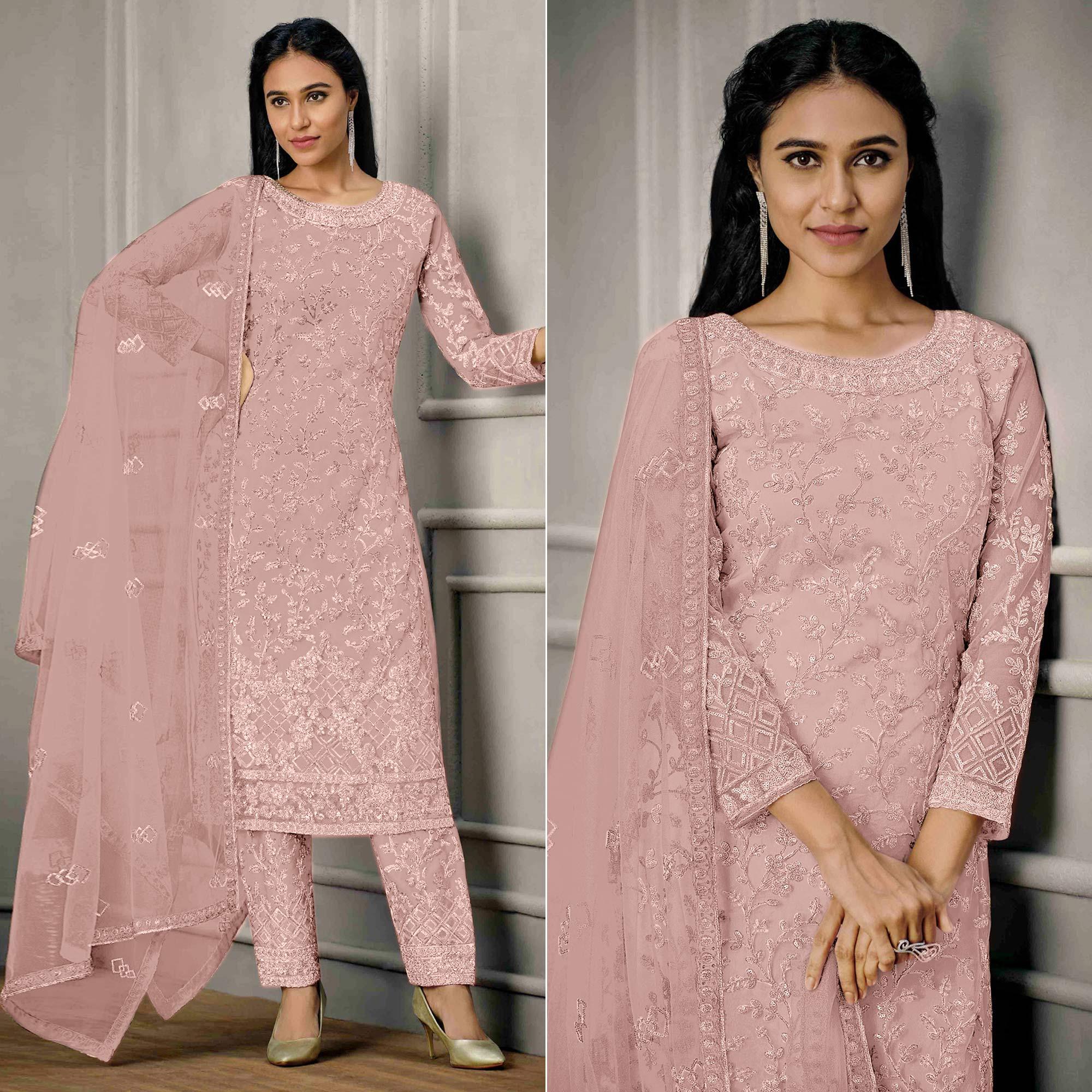 Pink Sequence Floral Embroidered Net Salwar Suit - Peachmode
