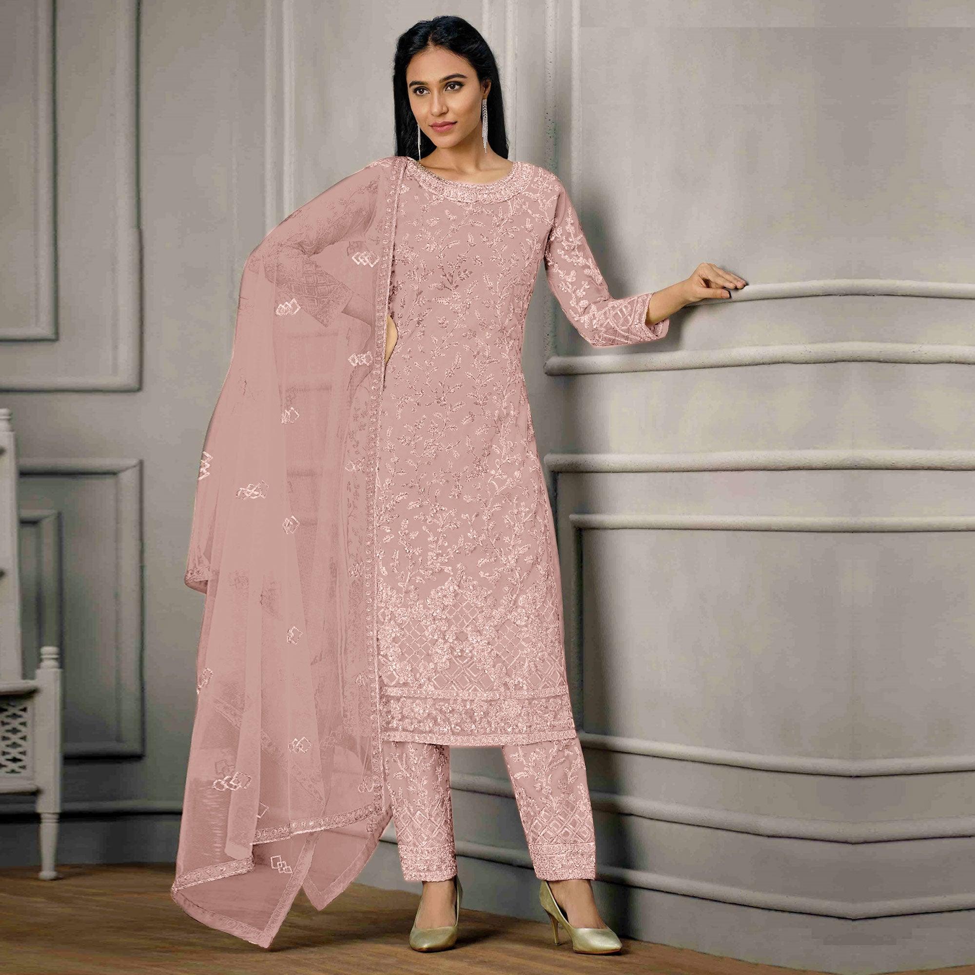 Pink Sequence Floral Embroidered Net Salwar Suit - Peachmode