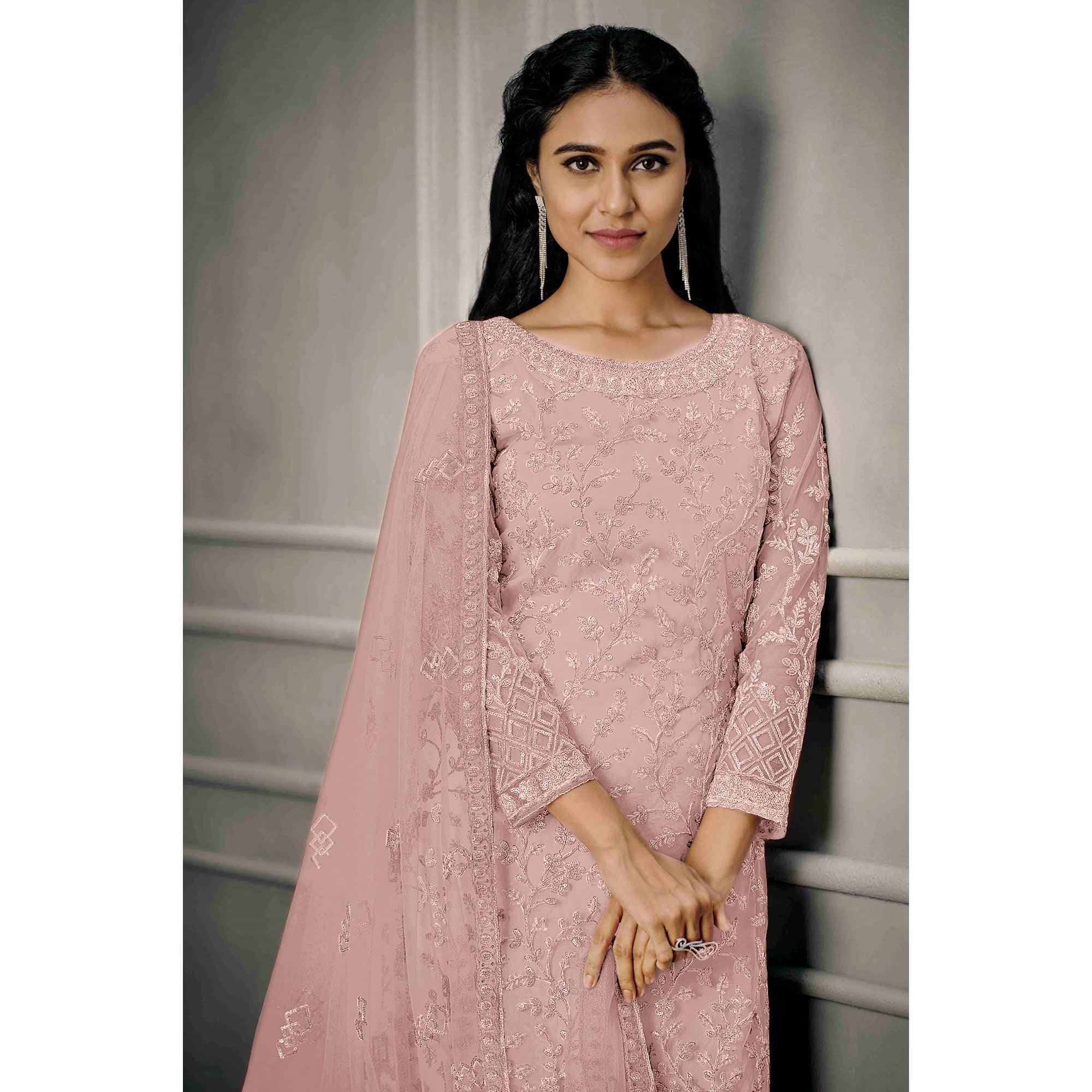 Pink Sequence Floral Embroidered Net Salwar Suit - Peachmode