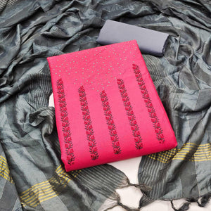 Pink Sequence Floral Embroidered Pure Cotton Dress Material - Peachmode