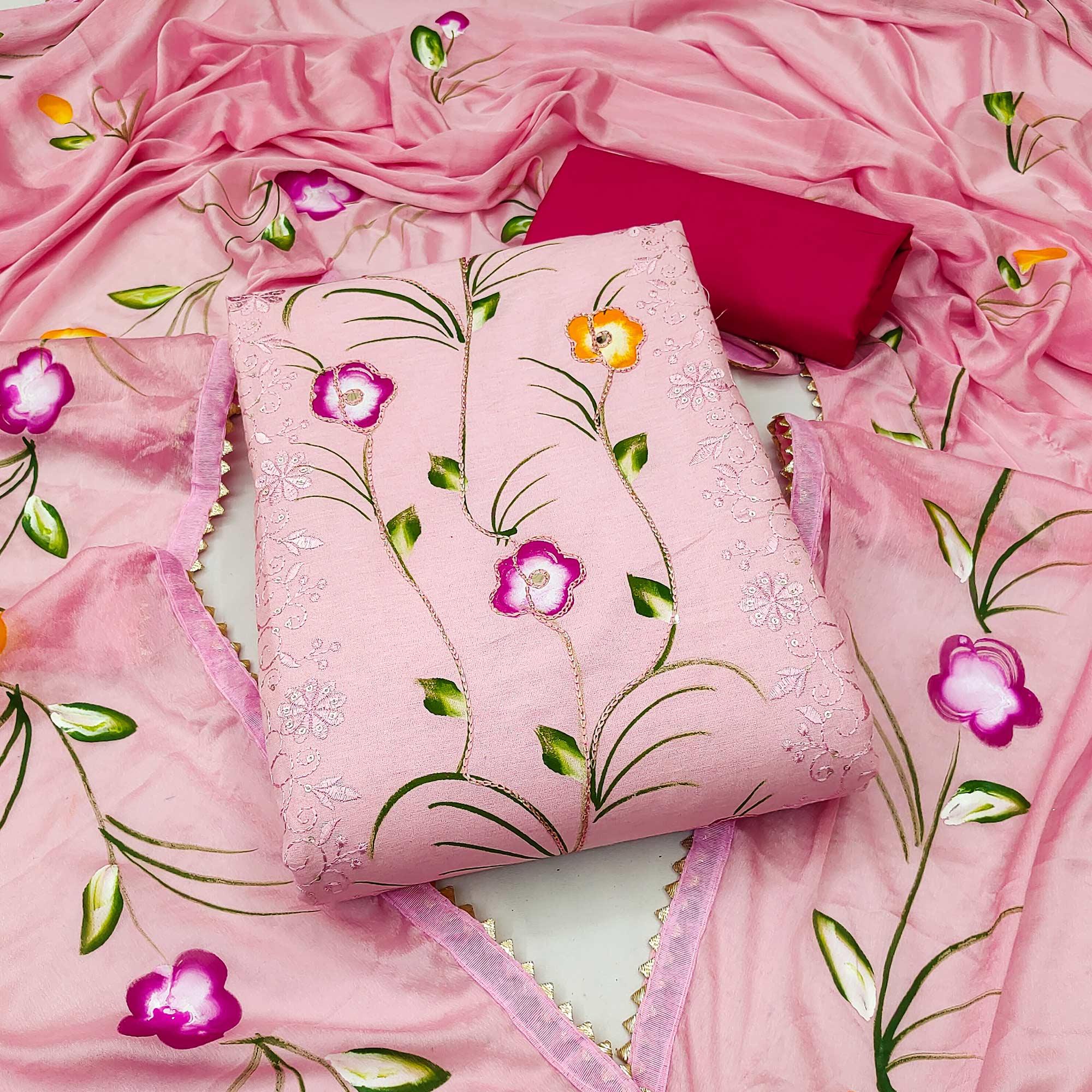 Pink Sequence Floral Embroidered Pure Cotton Dress Material - Peachmode