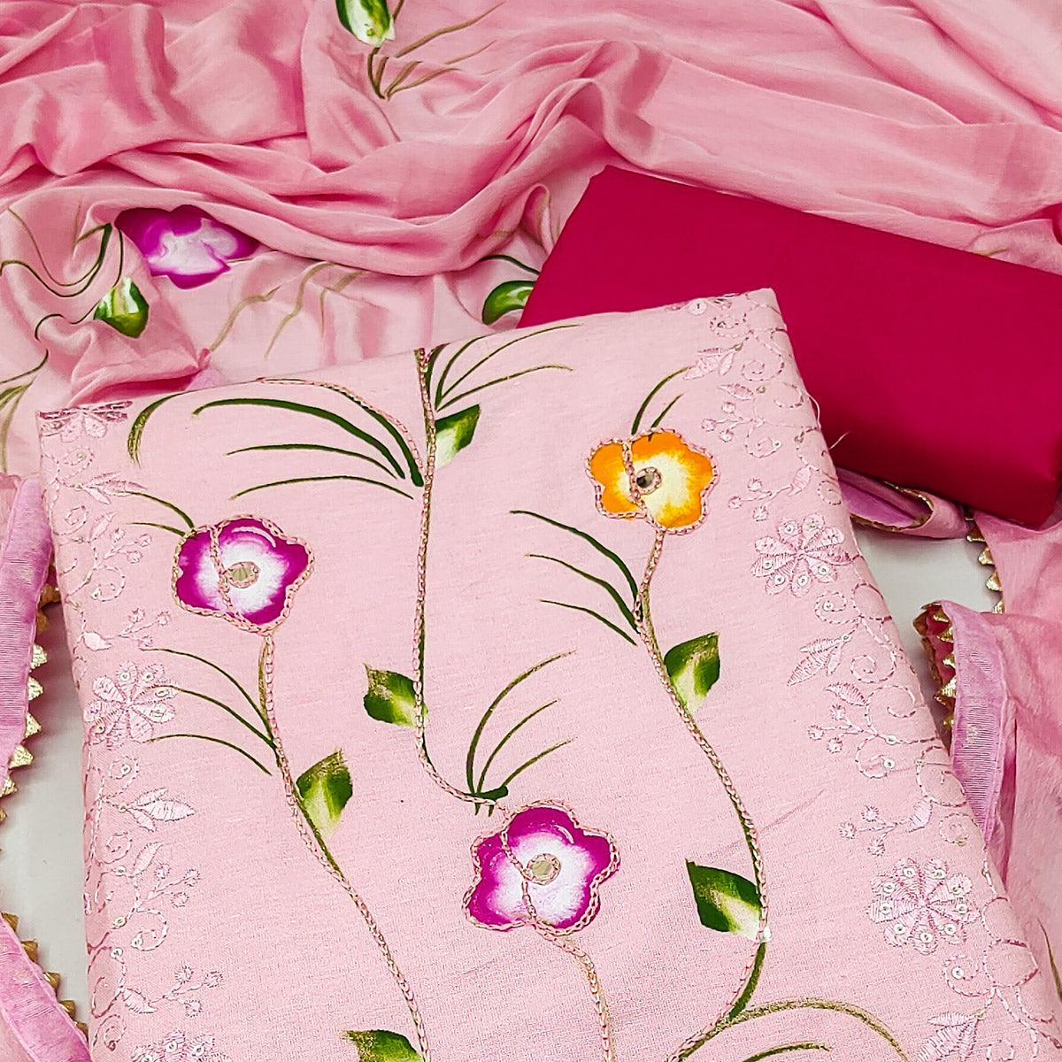 Pink Sequence Floral Embroidered Pure Cotton Dress Material - Peachmode