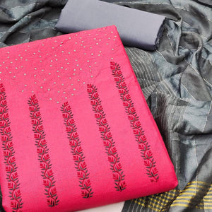 Pink Sequence Floral Embroidered Pure Cotton Dress Material - Peachmode