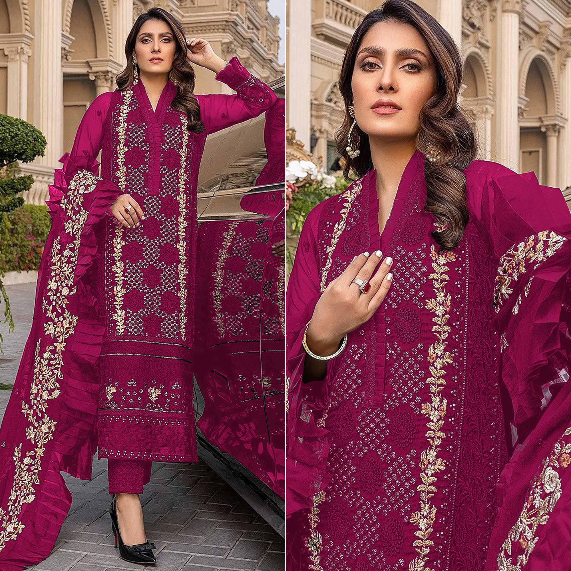 Pink Sequence With Floral Embroidered Georgette Pakistani Suit - Peachmode