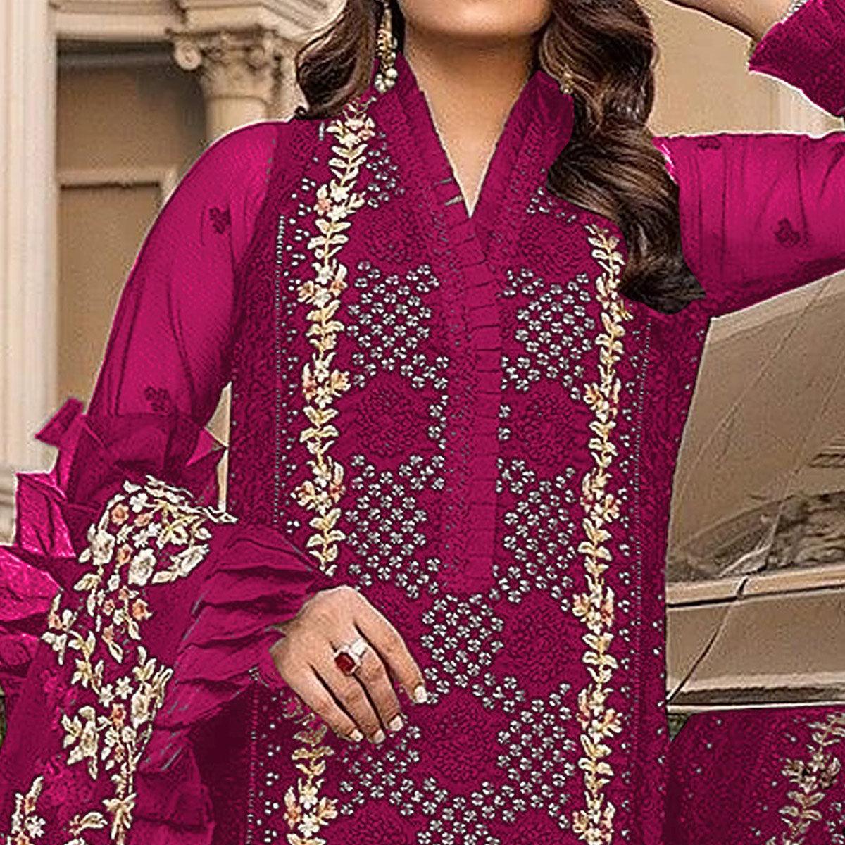 Pink Sequence With Floral Embroidered Georgette Pakistani Suit - Peachmode