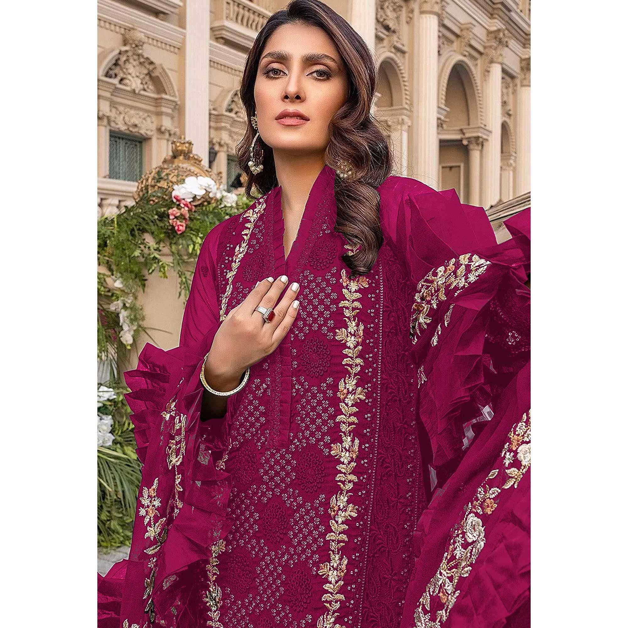 Pink Sequence With Floral Embroidered Georgette Pakistani Suit - Peachmode