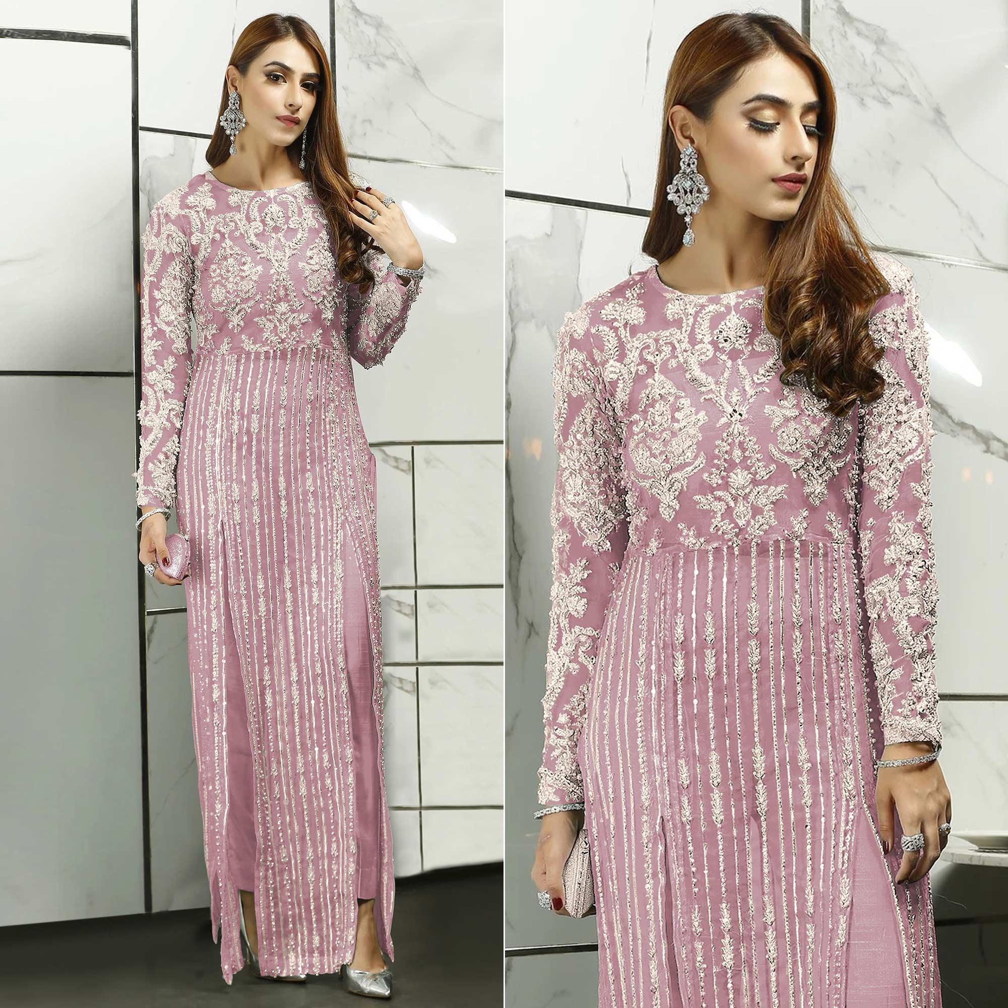 Pink Sequence With Floral Embroidered Net Pakistani Suit - Peachmode