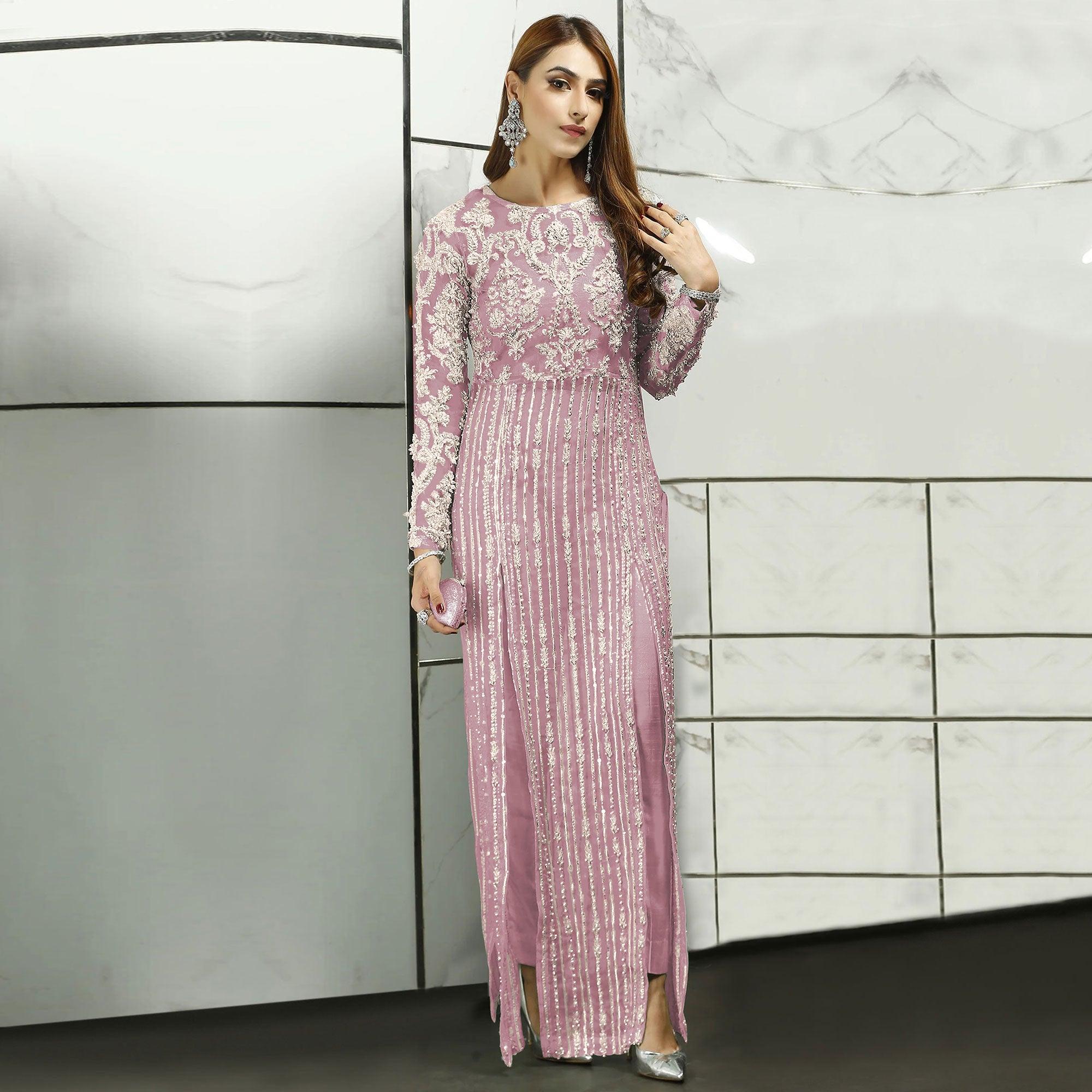 Pink Sequence With Floral Embroidered Net Pakistani Suit - Peachmode