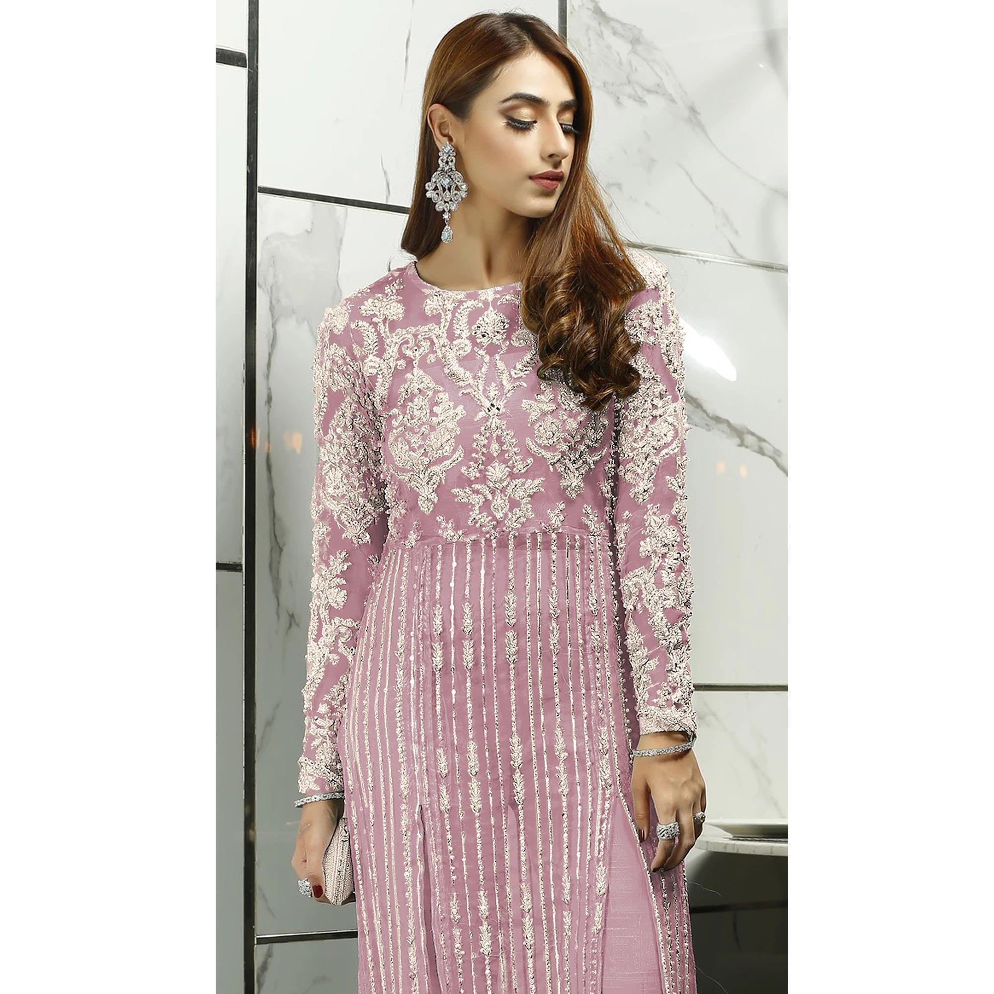 Pink Sequence With Floral Embroidered Net Pakistani Suit - Peachmode